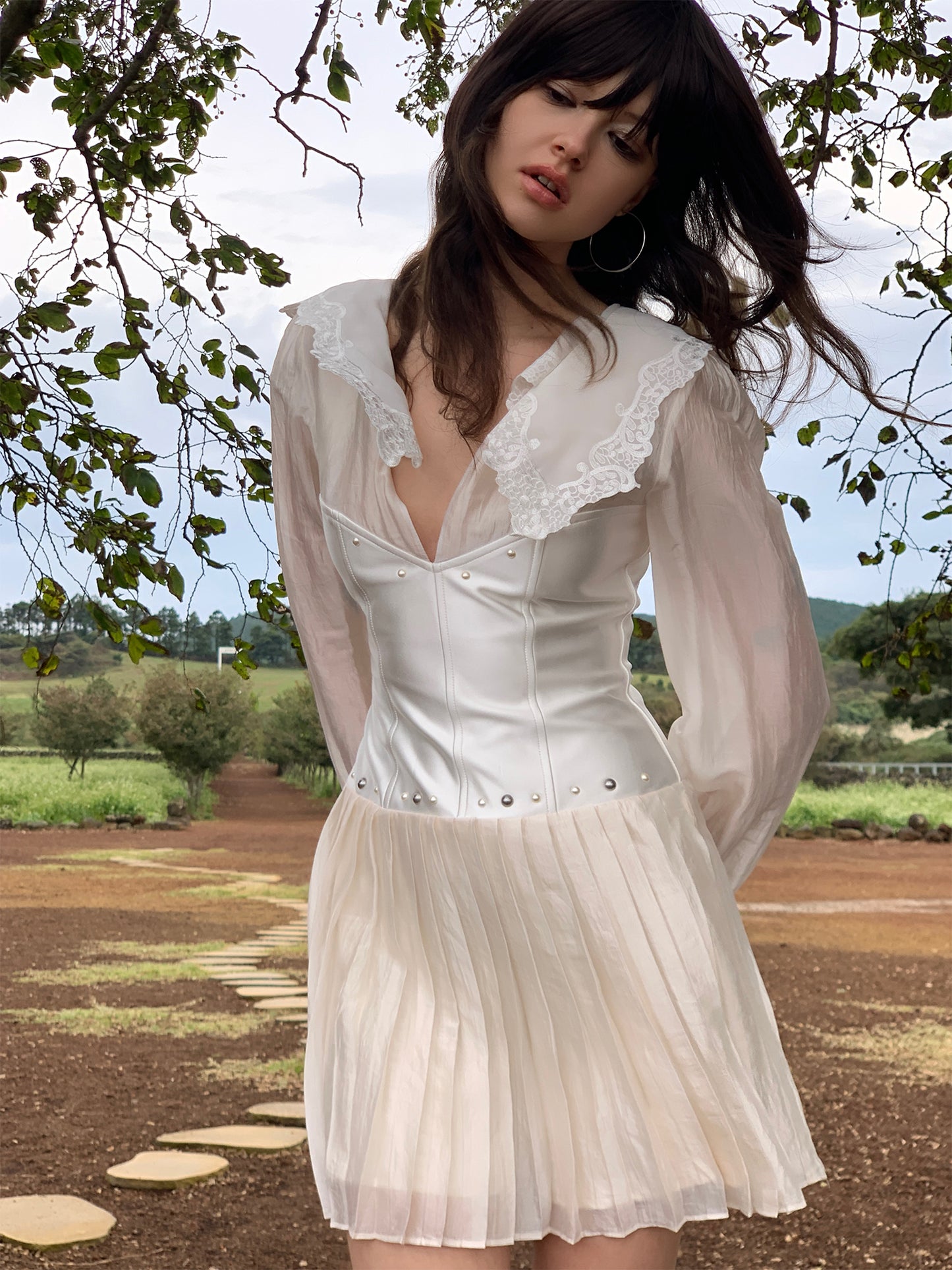 [S001]Romantic V-neck Lace Satin Dress