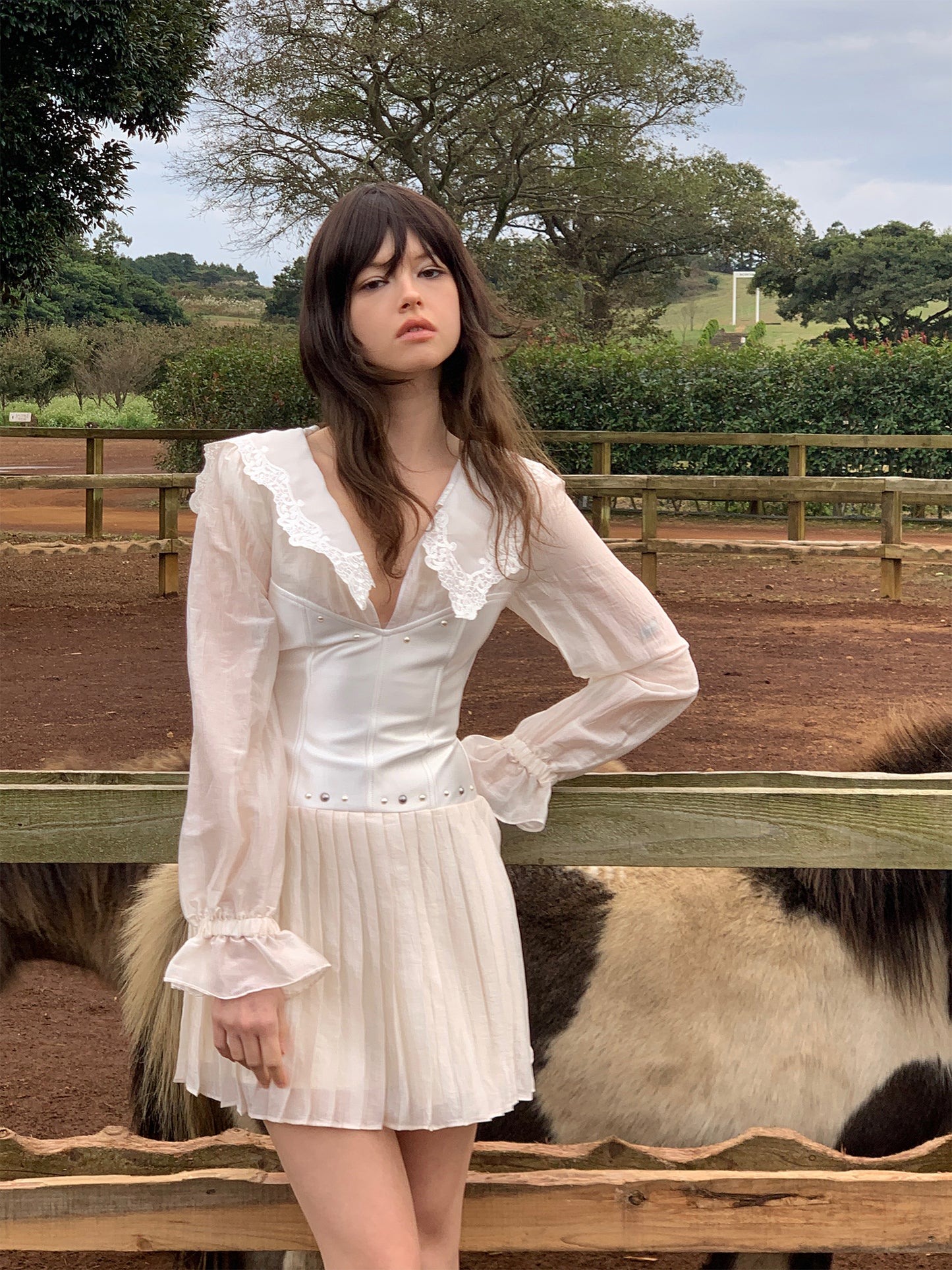 [S001]Romantic V-neck Lace Satin Dress