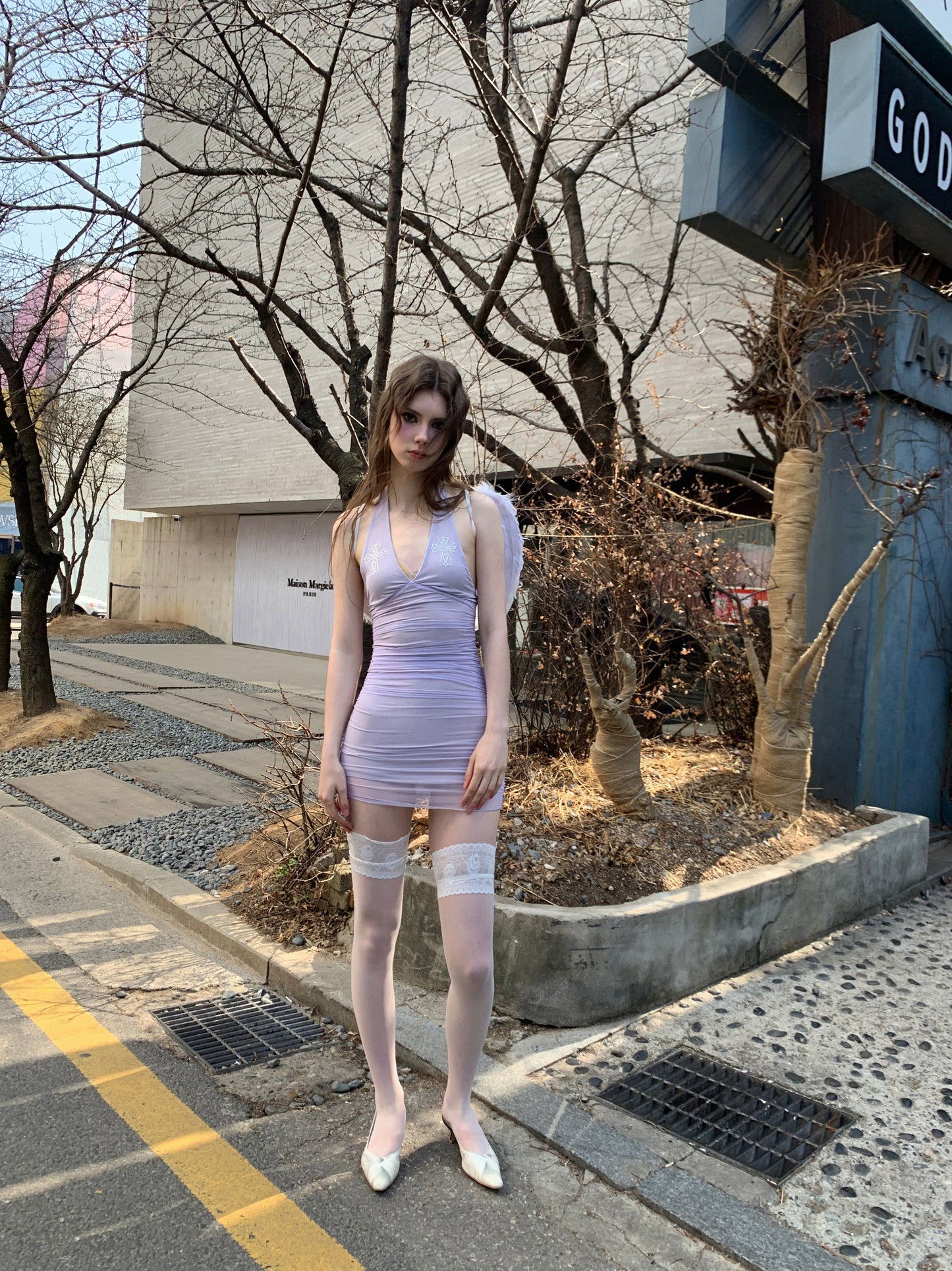 [A00803]Mandrake Smoke Purple Sheer Mesh Beaded Dress