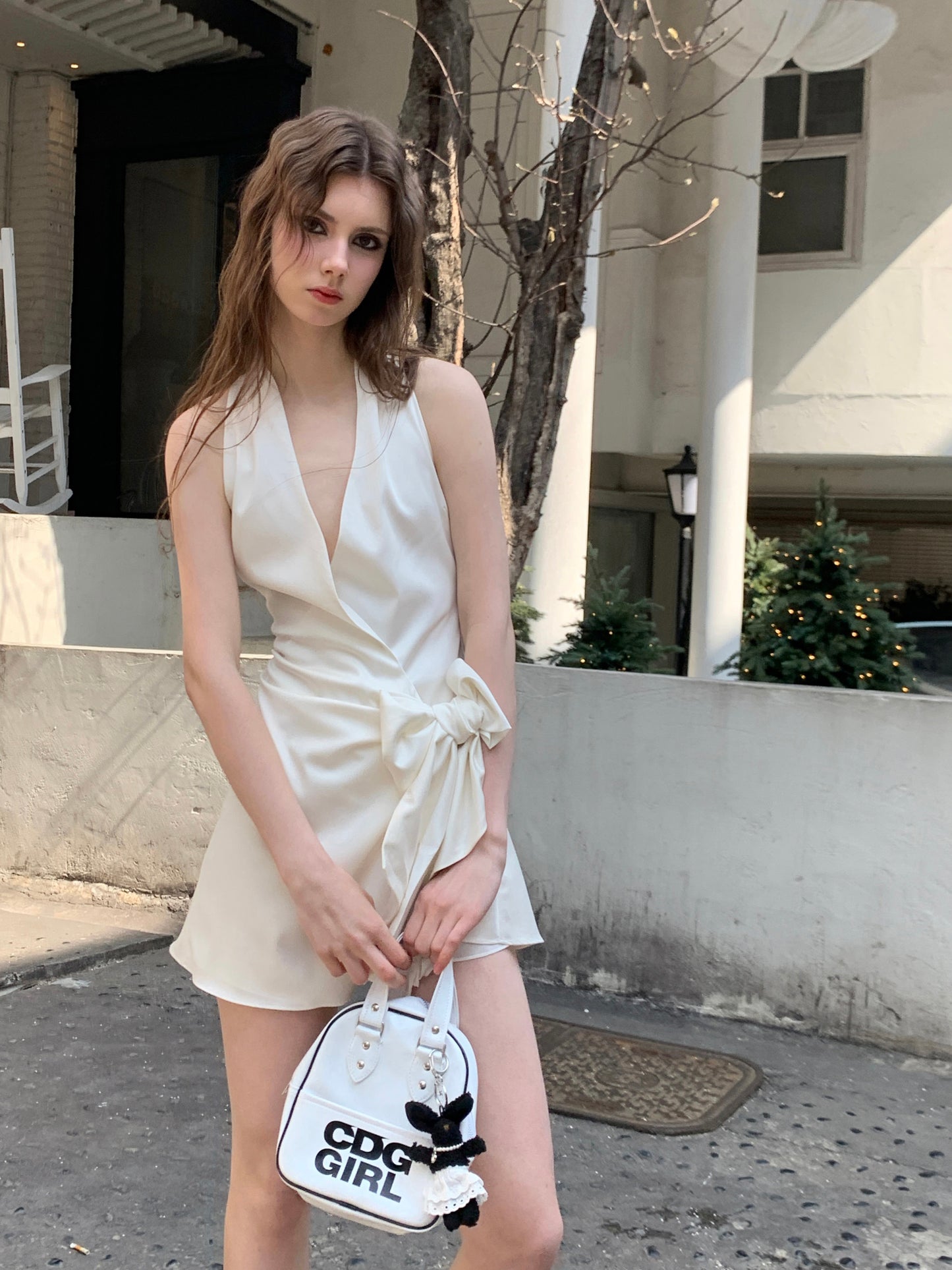 [A00804]Soft Glossy Satin Tie-Waist French White Dress