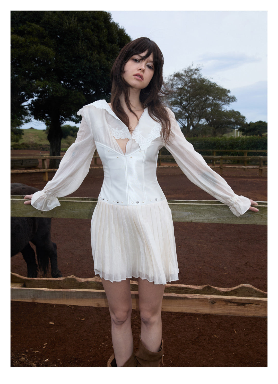 [S001]Romantic V-neck Lace Satin Dress