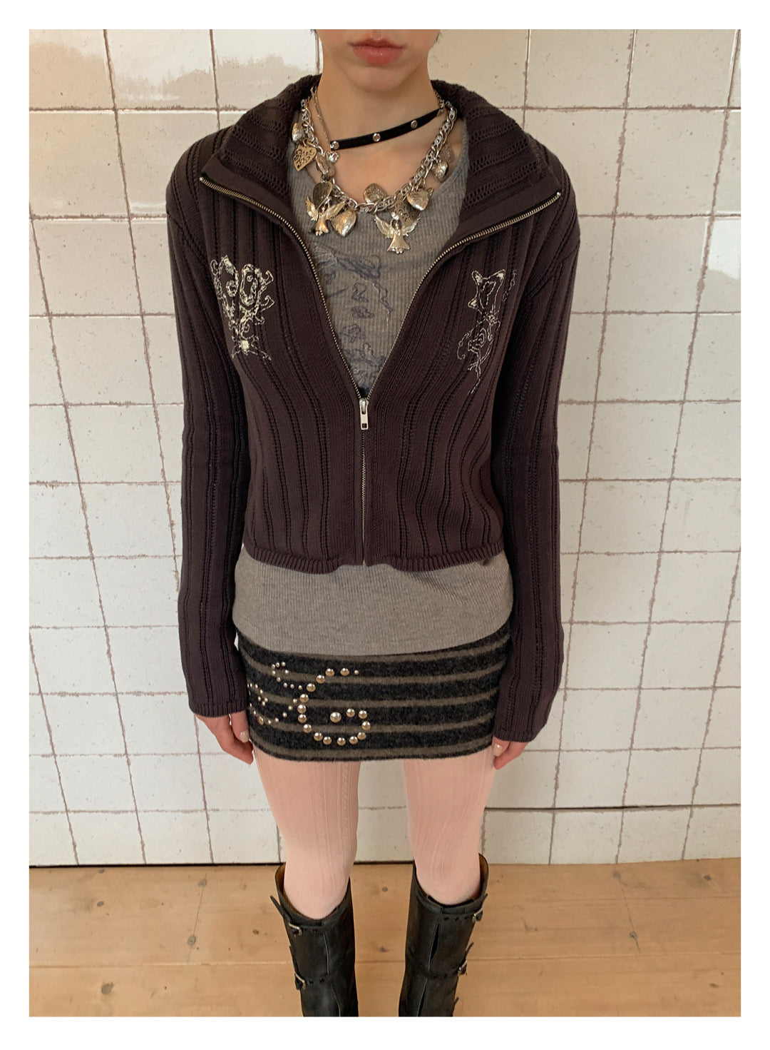 [G0064]Rhinestone-decorated Striped Short Skirt