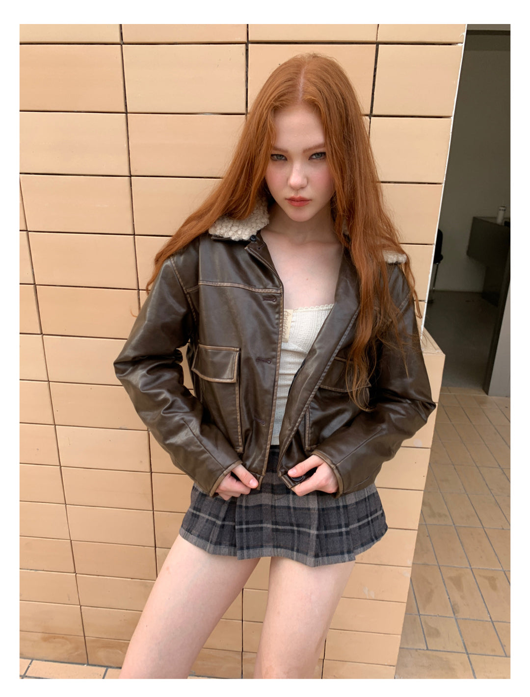 [F009]Vintage fur collar little leather jacket