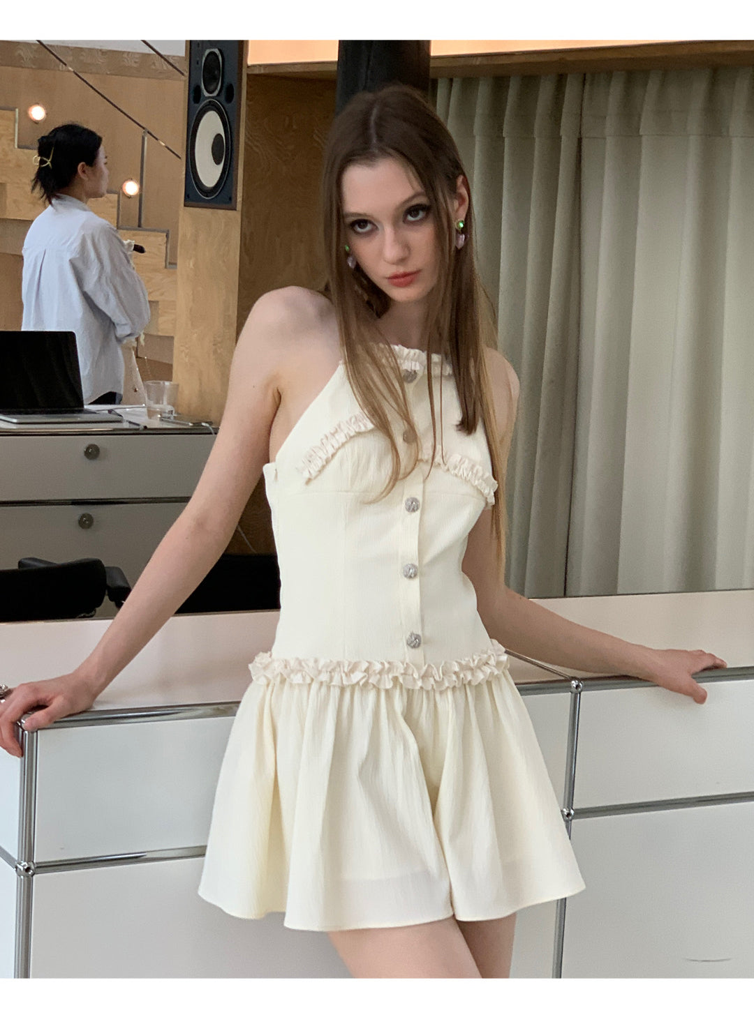 [D0060]Cheesecake Texture Wooden Ear Edge Design Sense Halter Dress