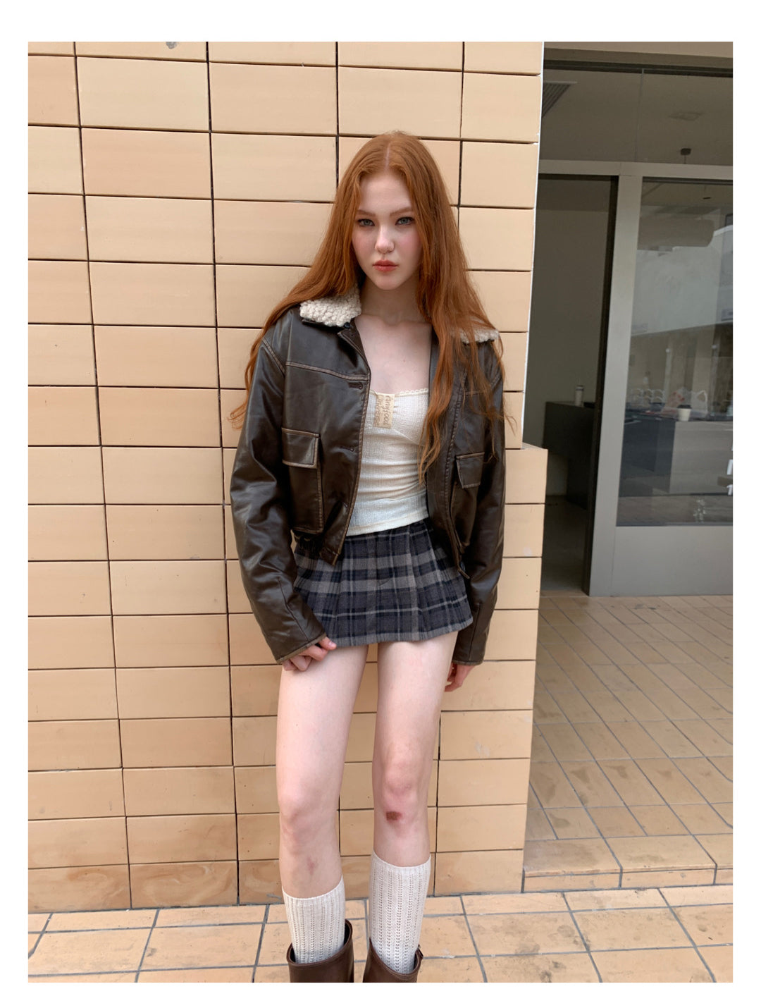 [F009]Vintage fur collar little leather jacket