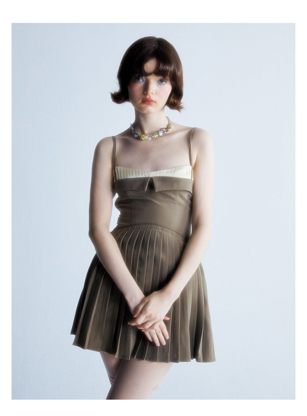 [D0080]Coffee Color Chic Simple Pleated Slip Dress
