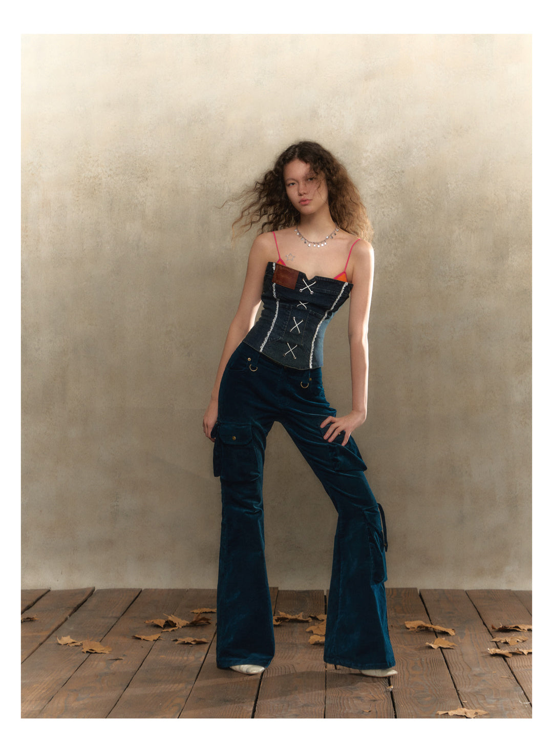 [S0056]Retro tipsy dark blue pocketed slim-fit flared pants