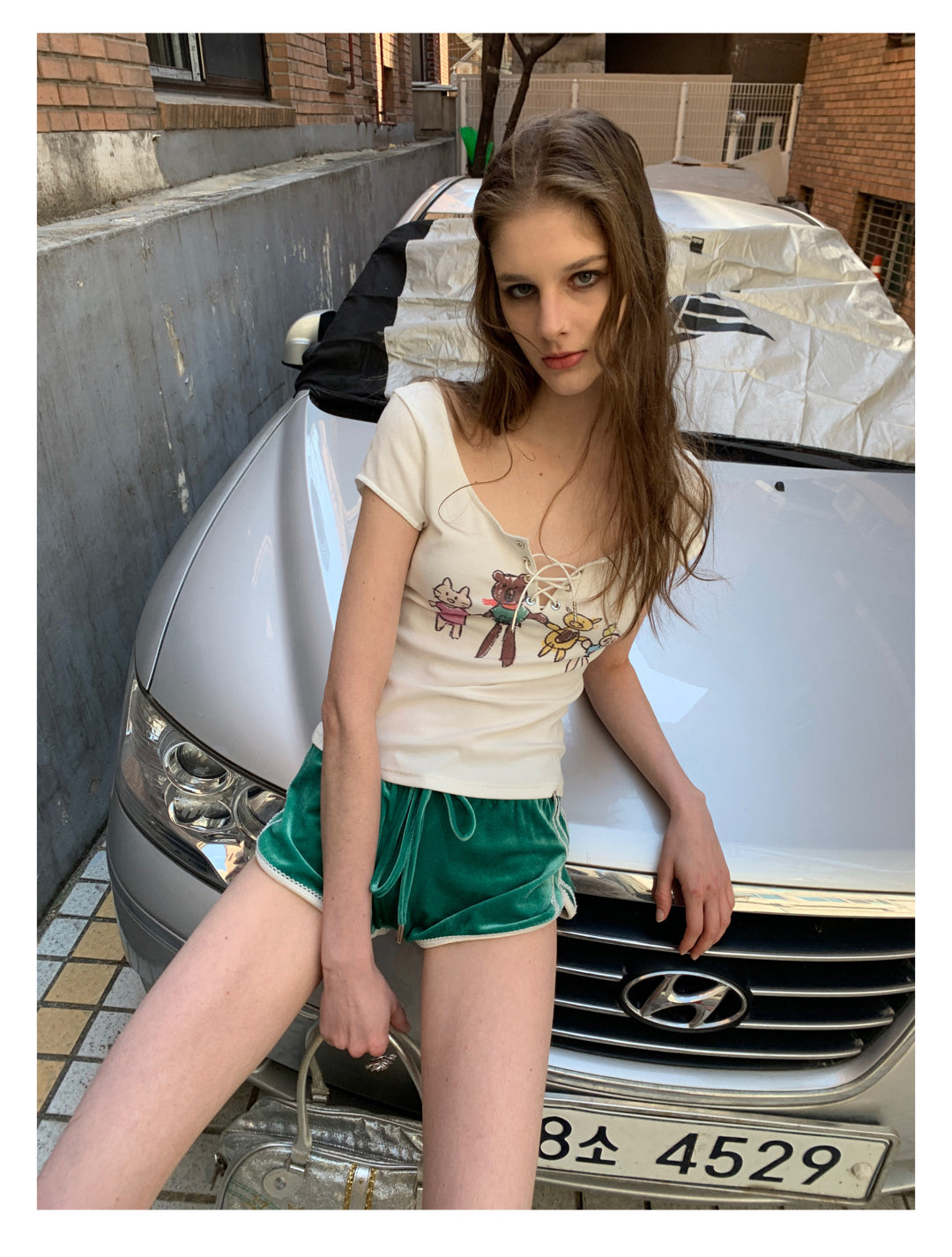 [F00107]Green Vintage Velvet Shorts