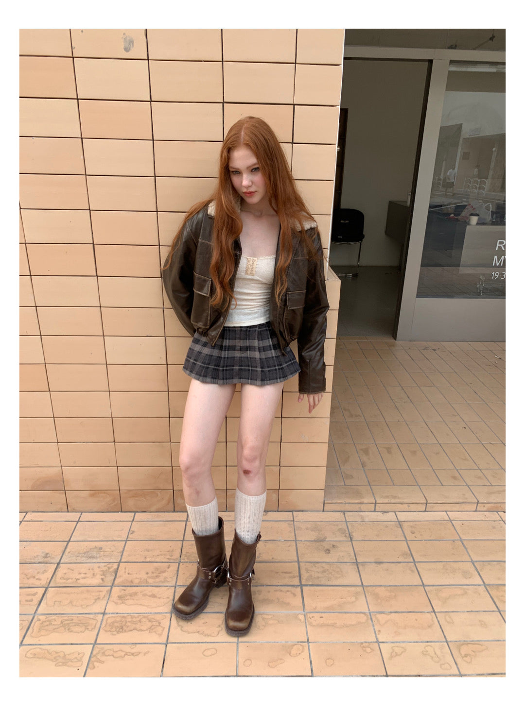 [F009]Vintage fur collar little leather jacket