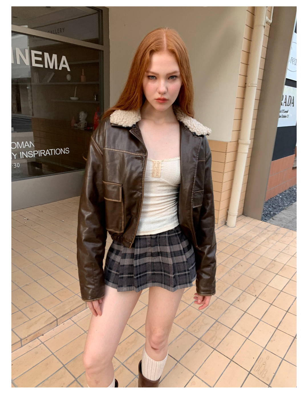[F009]Vintage fur collar little leather jacket