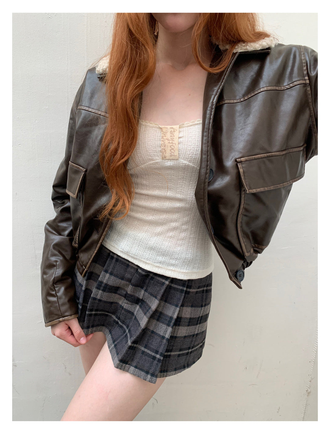 [F009]Vintage fur collar little leather jacket