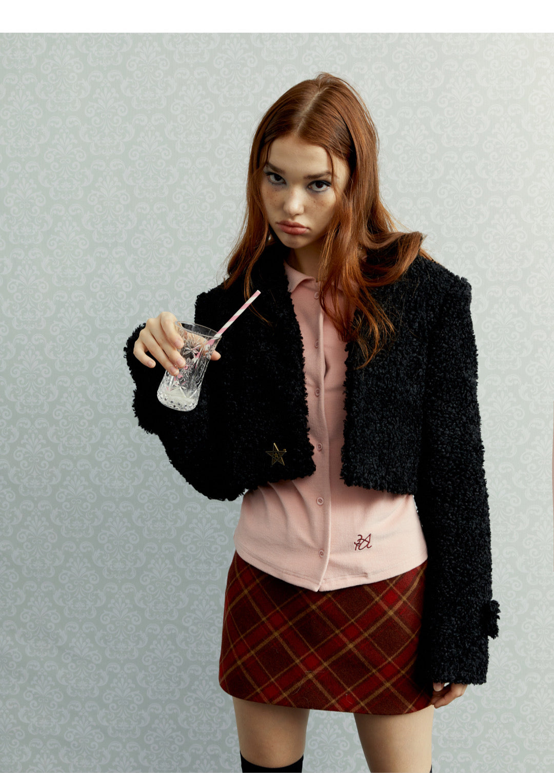 [C0042]Vintage red checked wool skirt