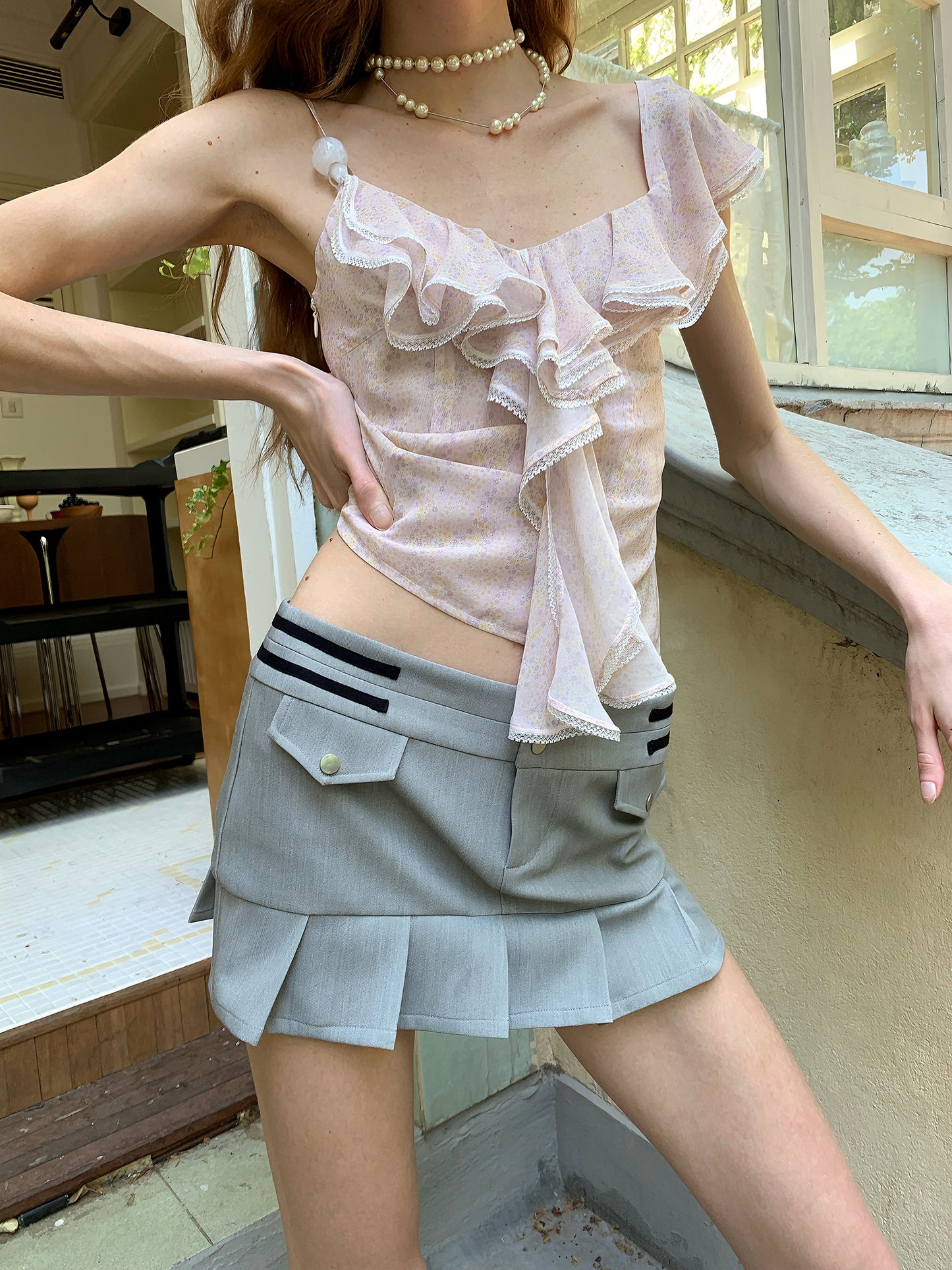 [A00864]Versatile Grey Mini Pleated Skirt