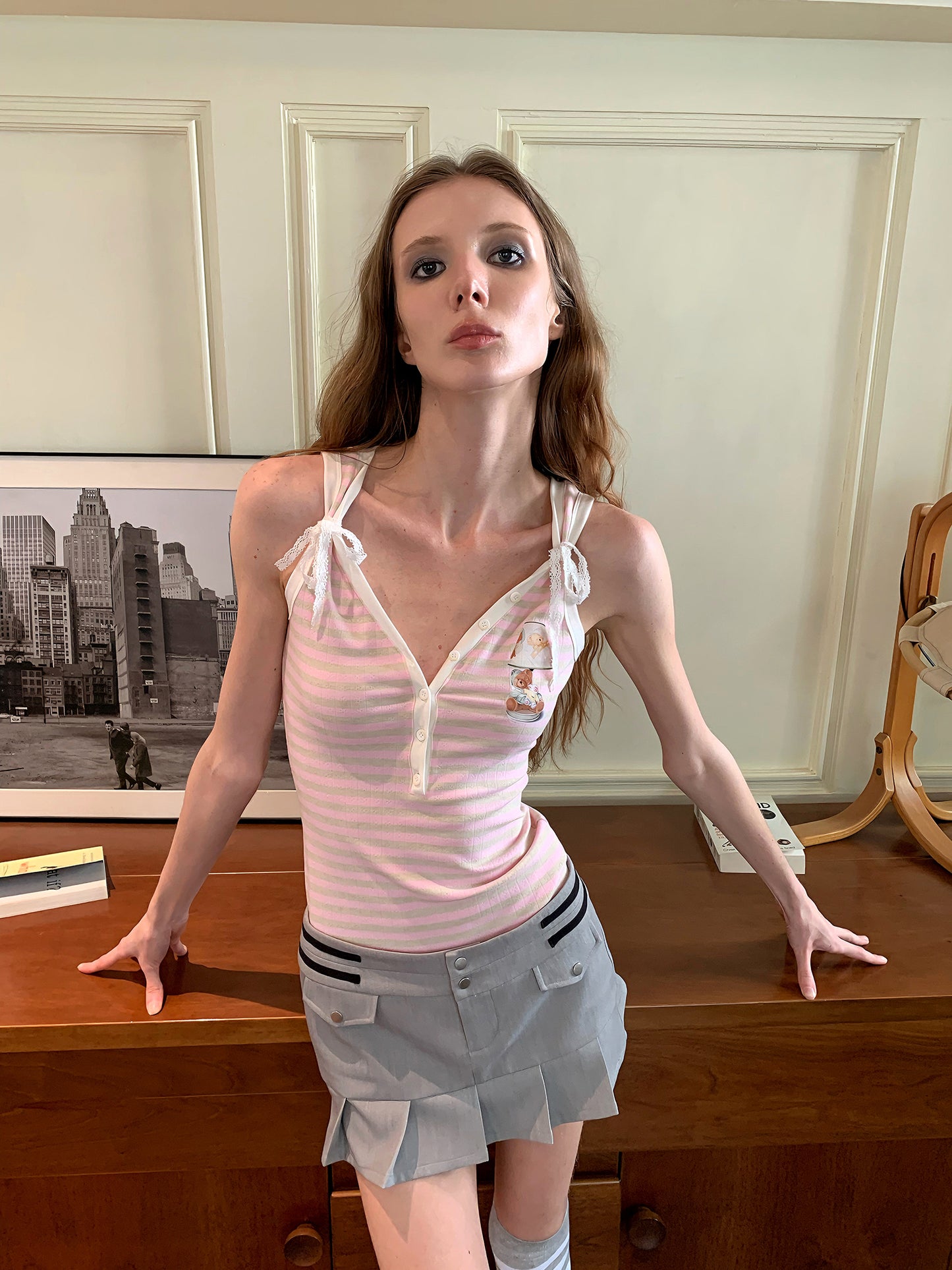 [A00874]Cute Teddy Lamp Pink Striped Cami Top