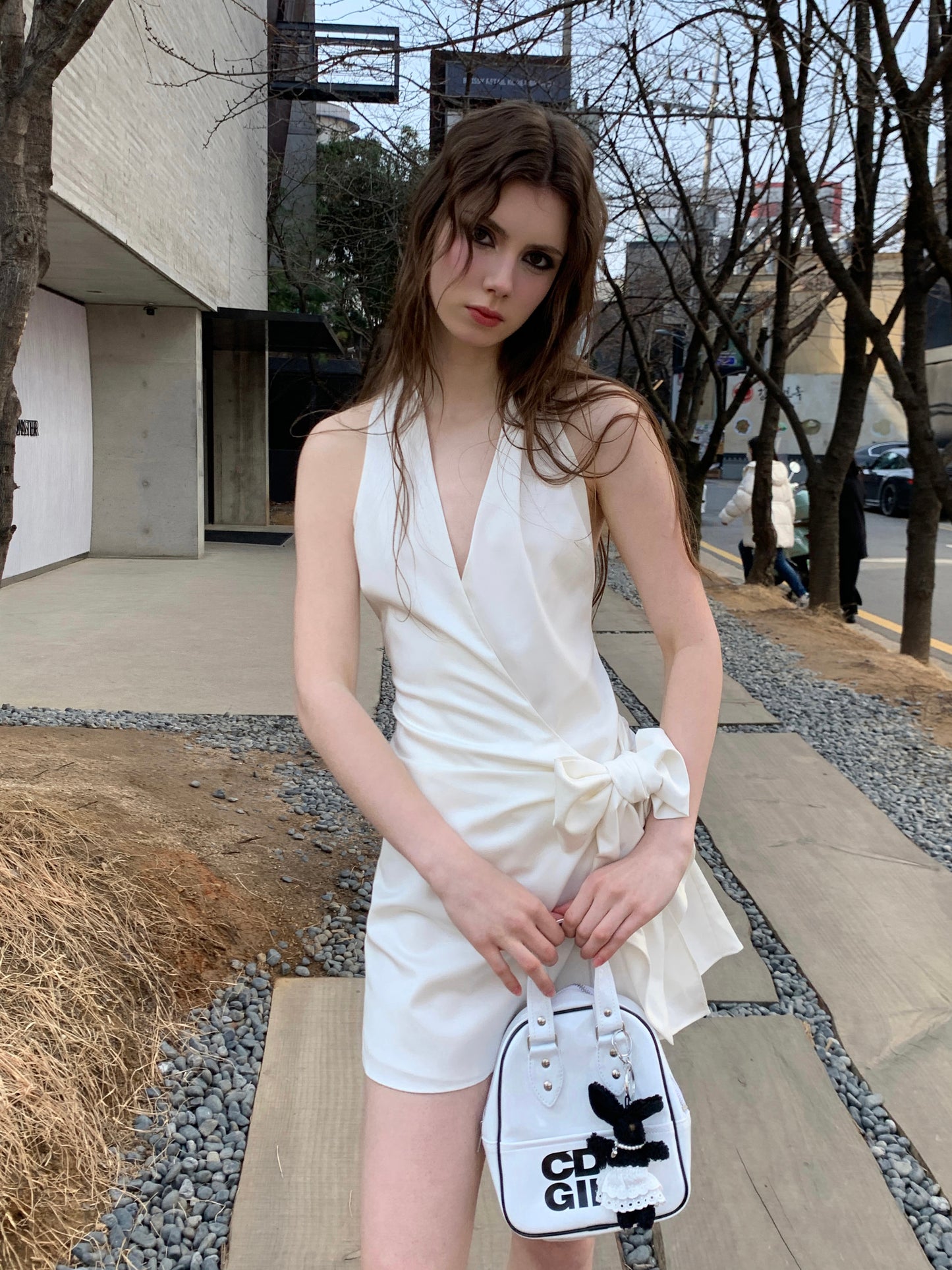 [A00804]Soft Glossy Satin Tie-Waist French White Dress