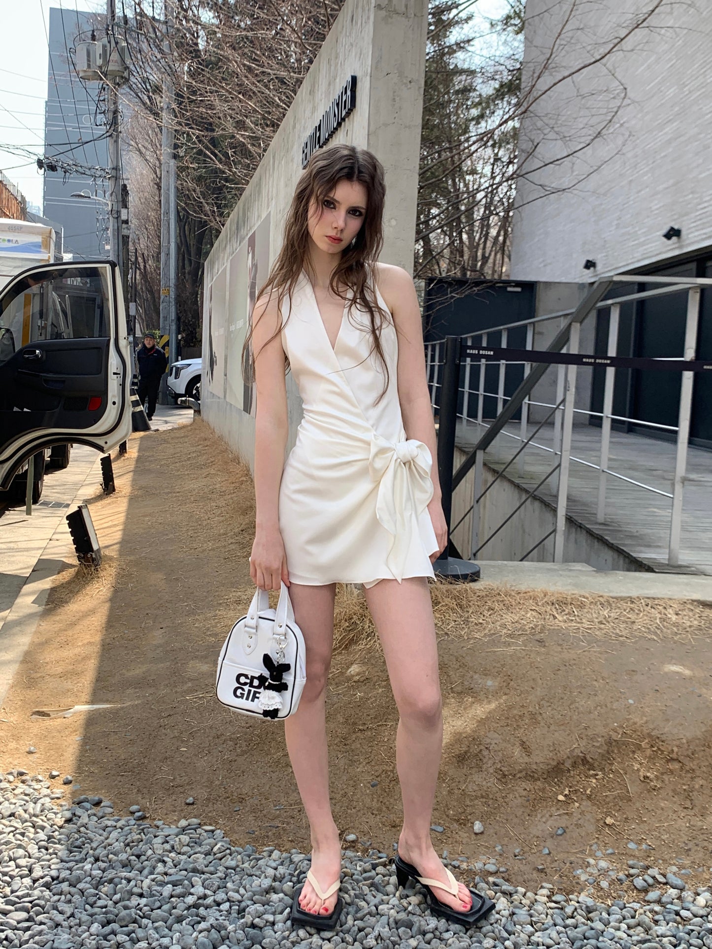 [A00804]Soft Glossy Satin Tie-Waist French White Dress