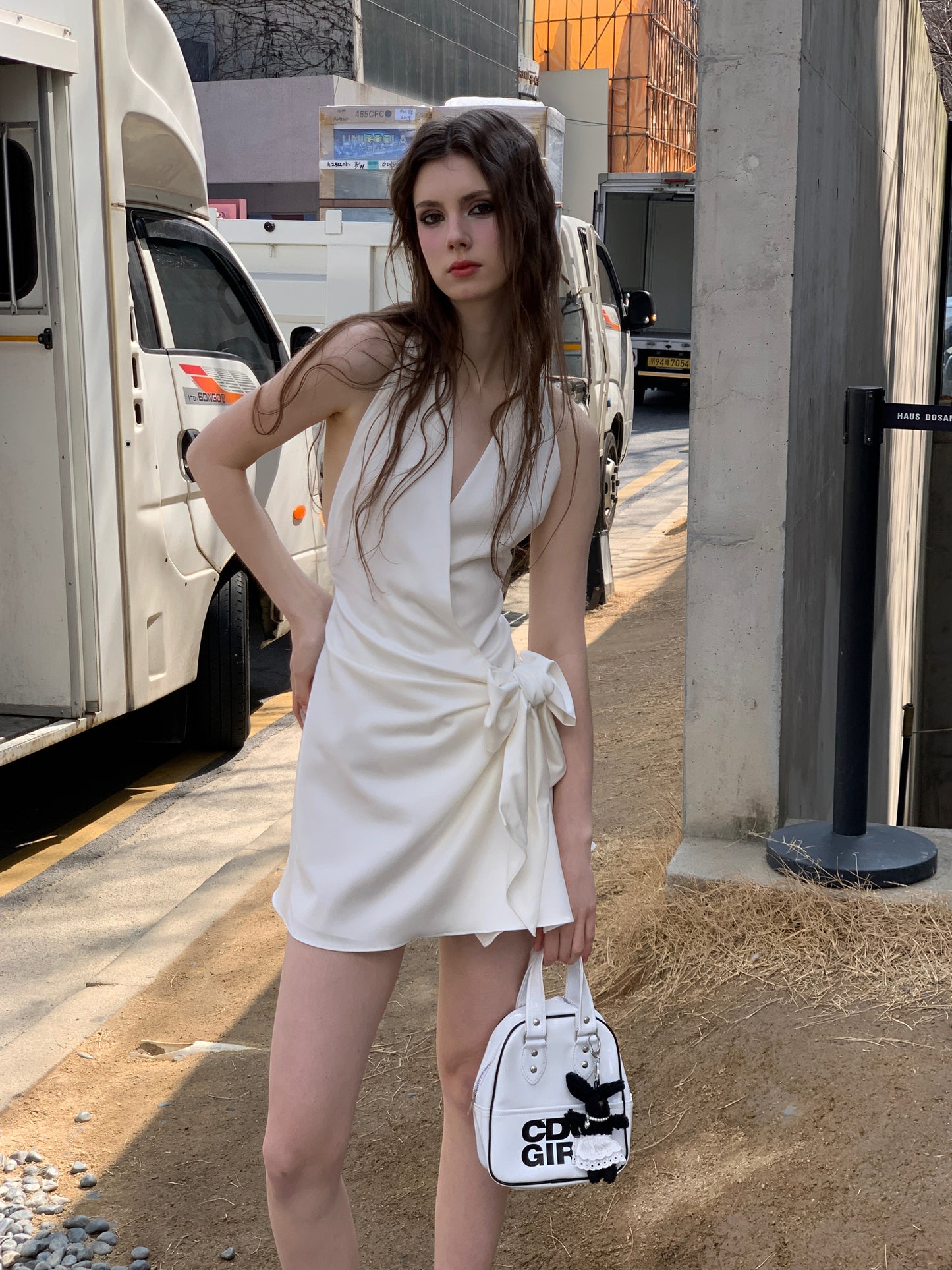 [A00804]Soft Glossy Satin Tie-Waist French White Dress