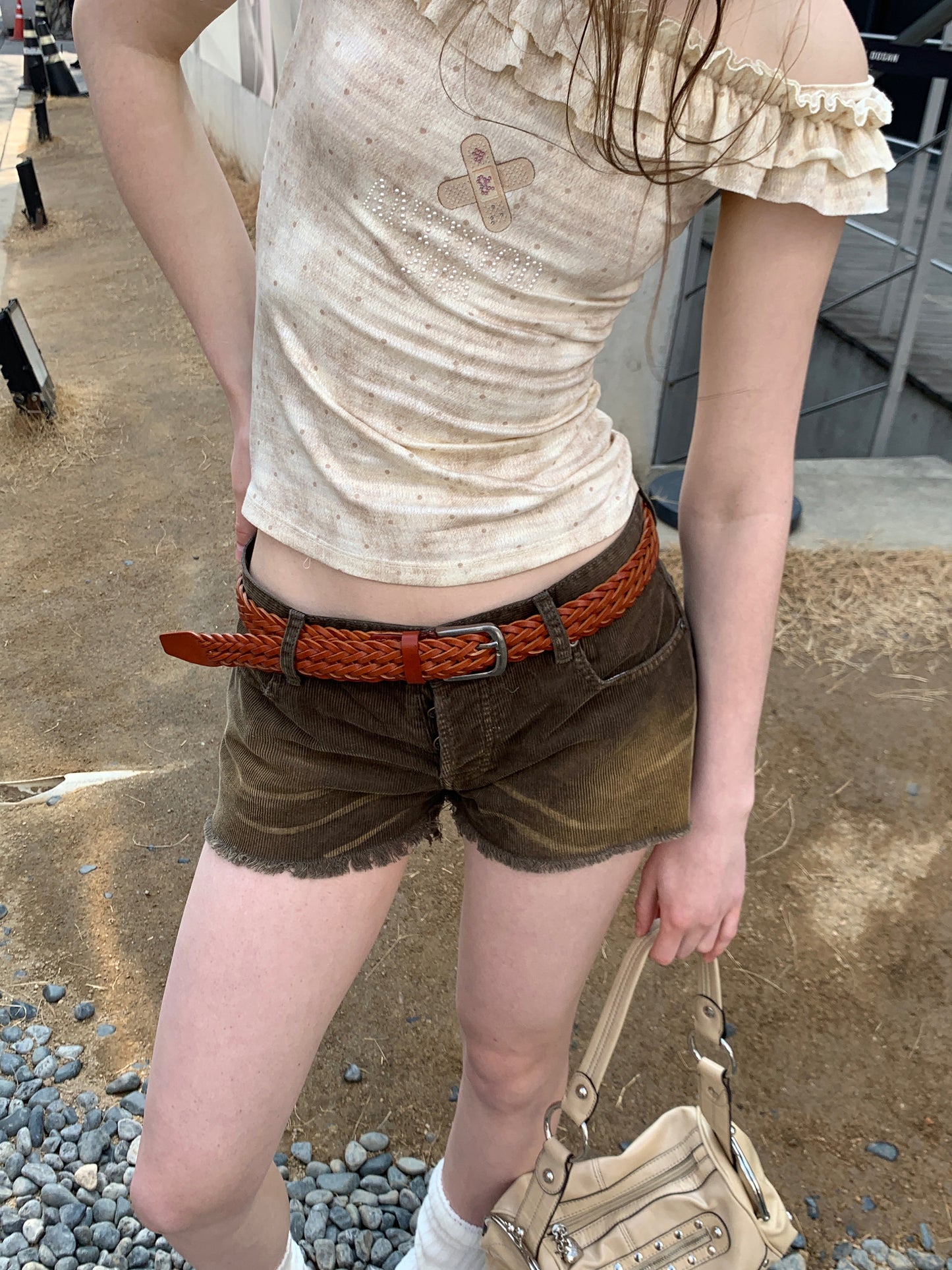 [A00806]Vintage Distressed High-Waist Playful Shorts