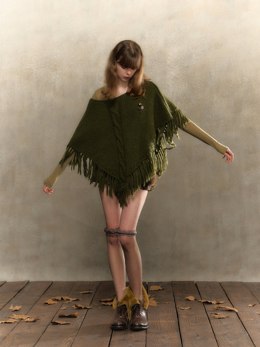 [S0051]Retro Christmas green wool knitted cape
