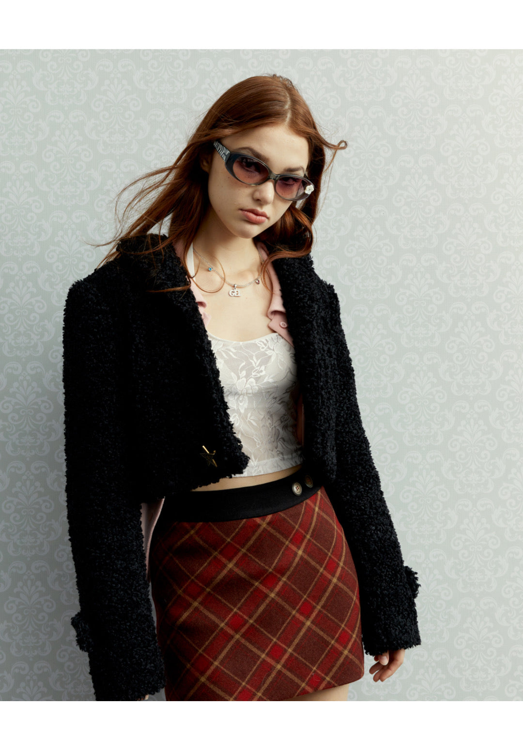[C0042]Vintage red checked wool skirt