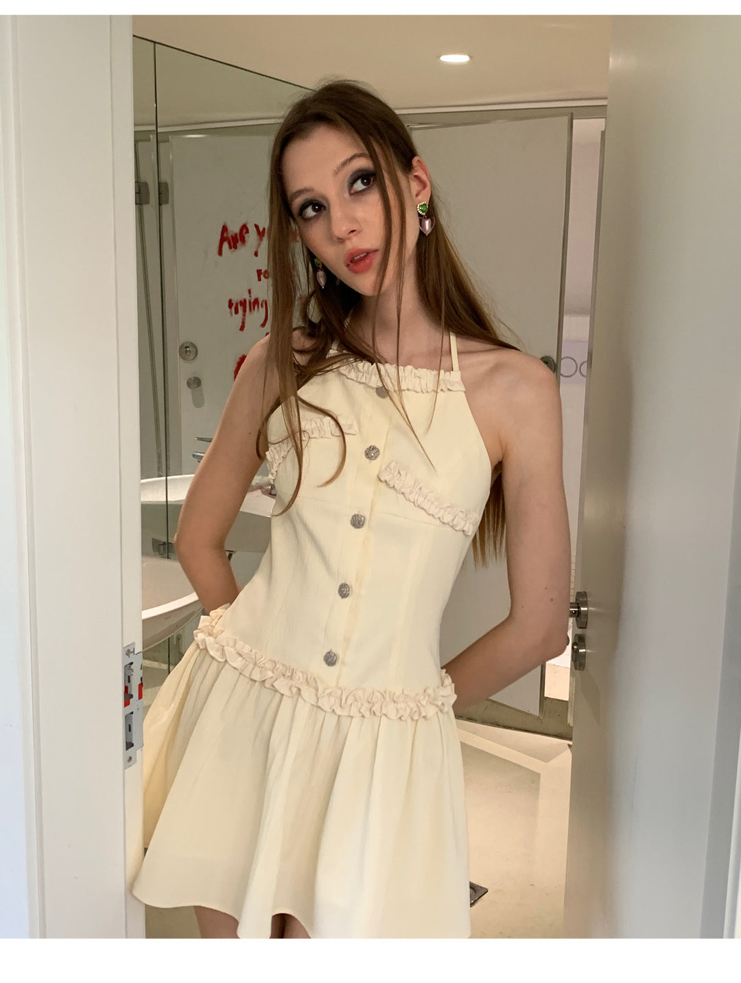 [D0060]Cheesecake Texture Wooden Ear Edge Design Sense Halter Dress