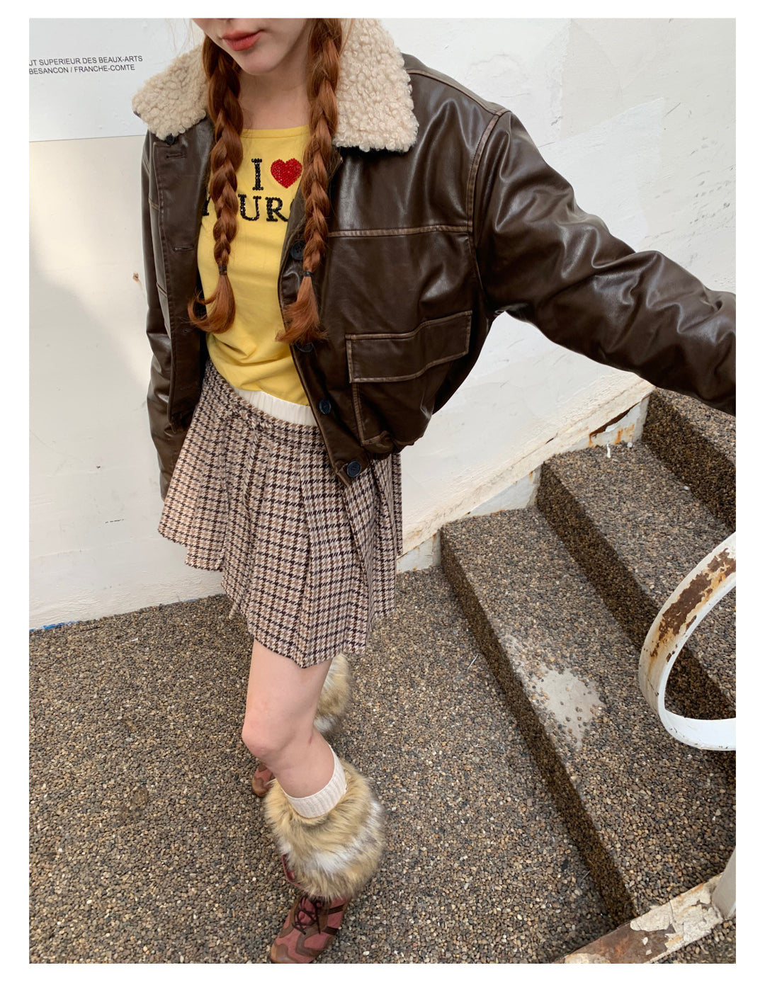 [F009]Vintage fur collar little leather jacket