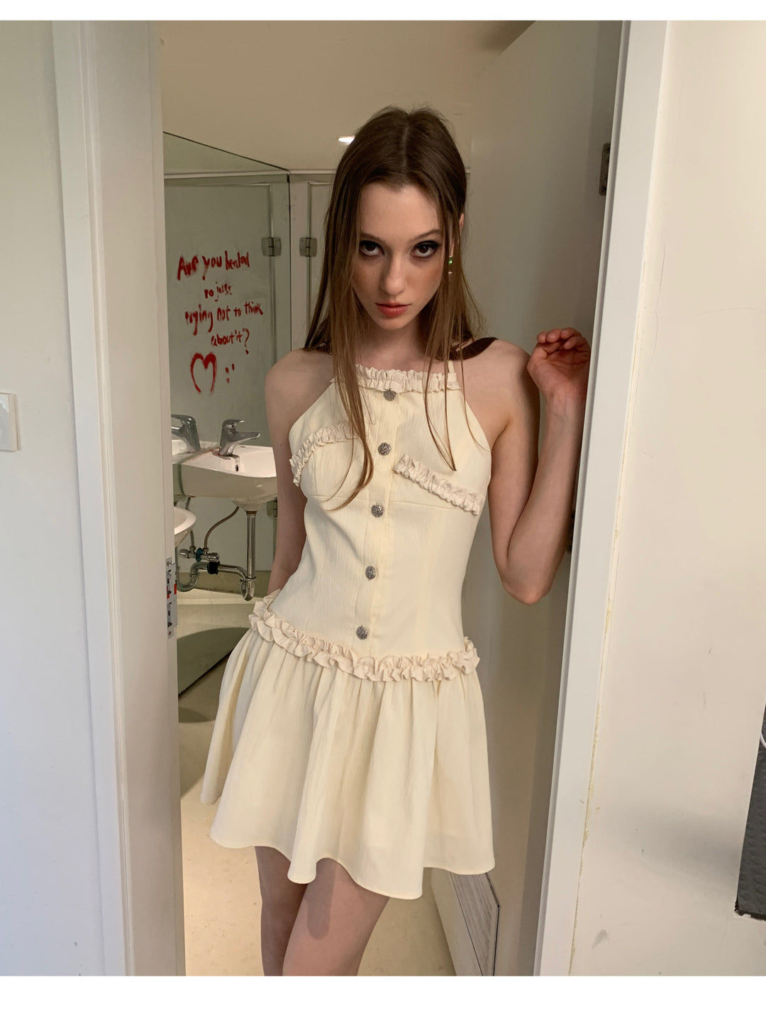 [D0060]Cheesecake Texture Wooden Ear Edge Design Sense Halter Dress
