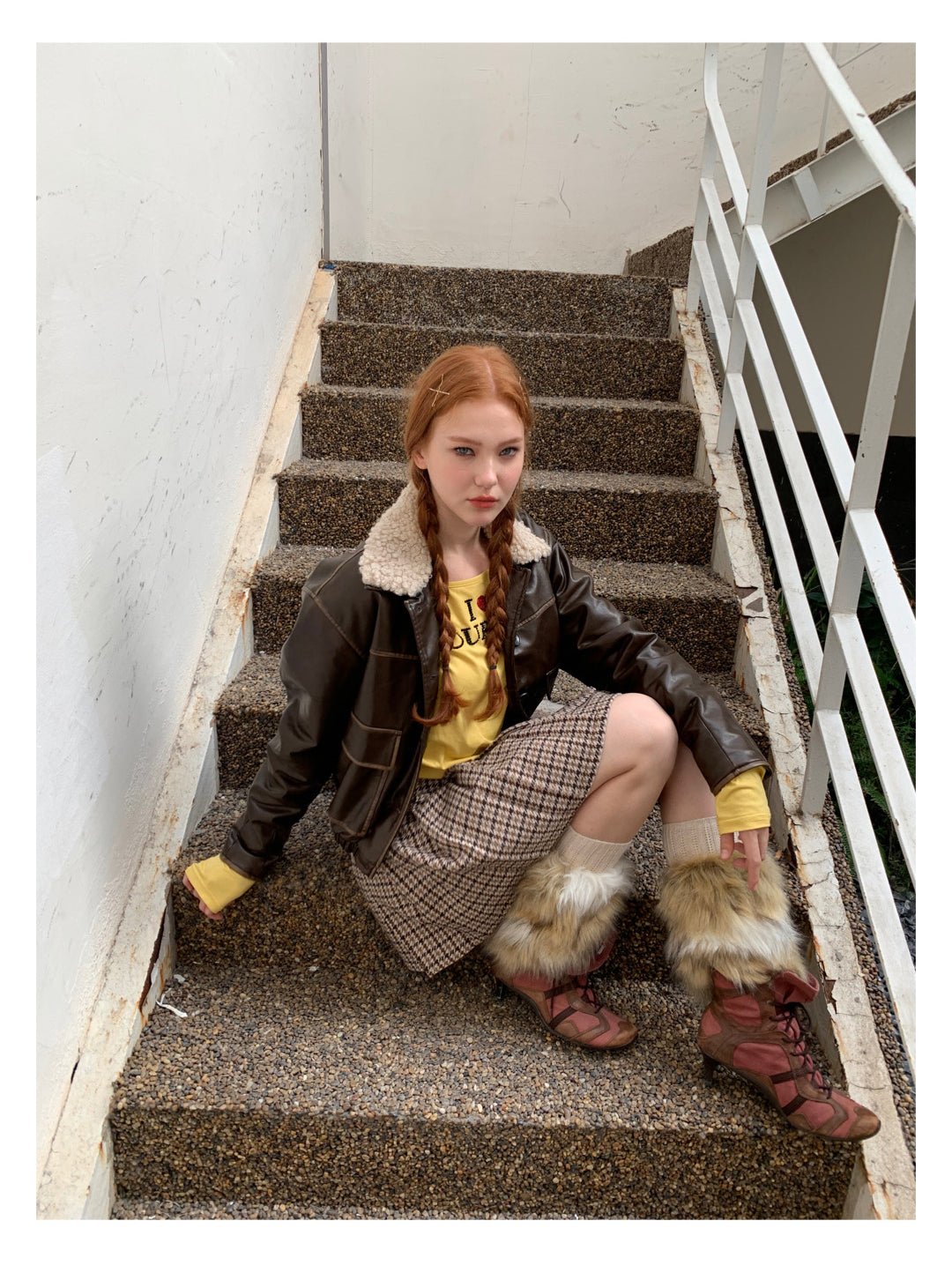 [F009]Vintage fur collar little leather jacket