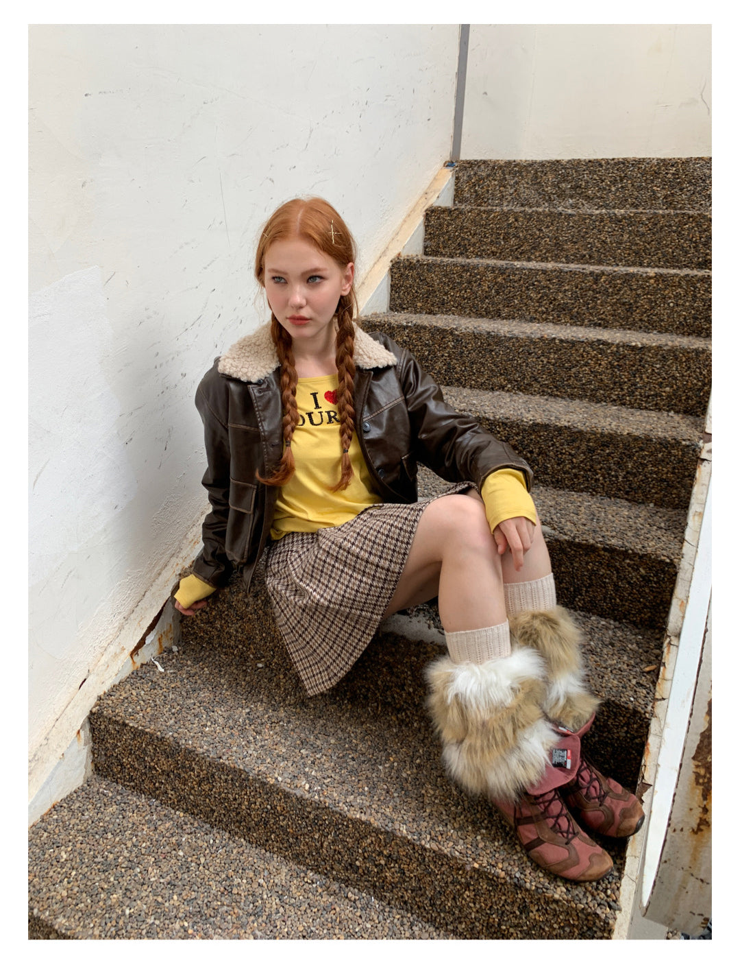 [F009]Vintage fur collar little leather jacket