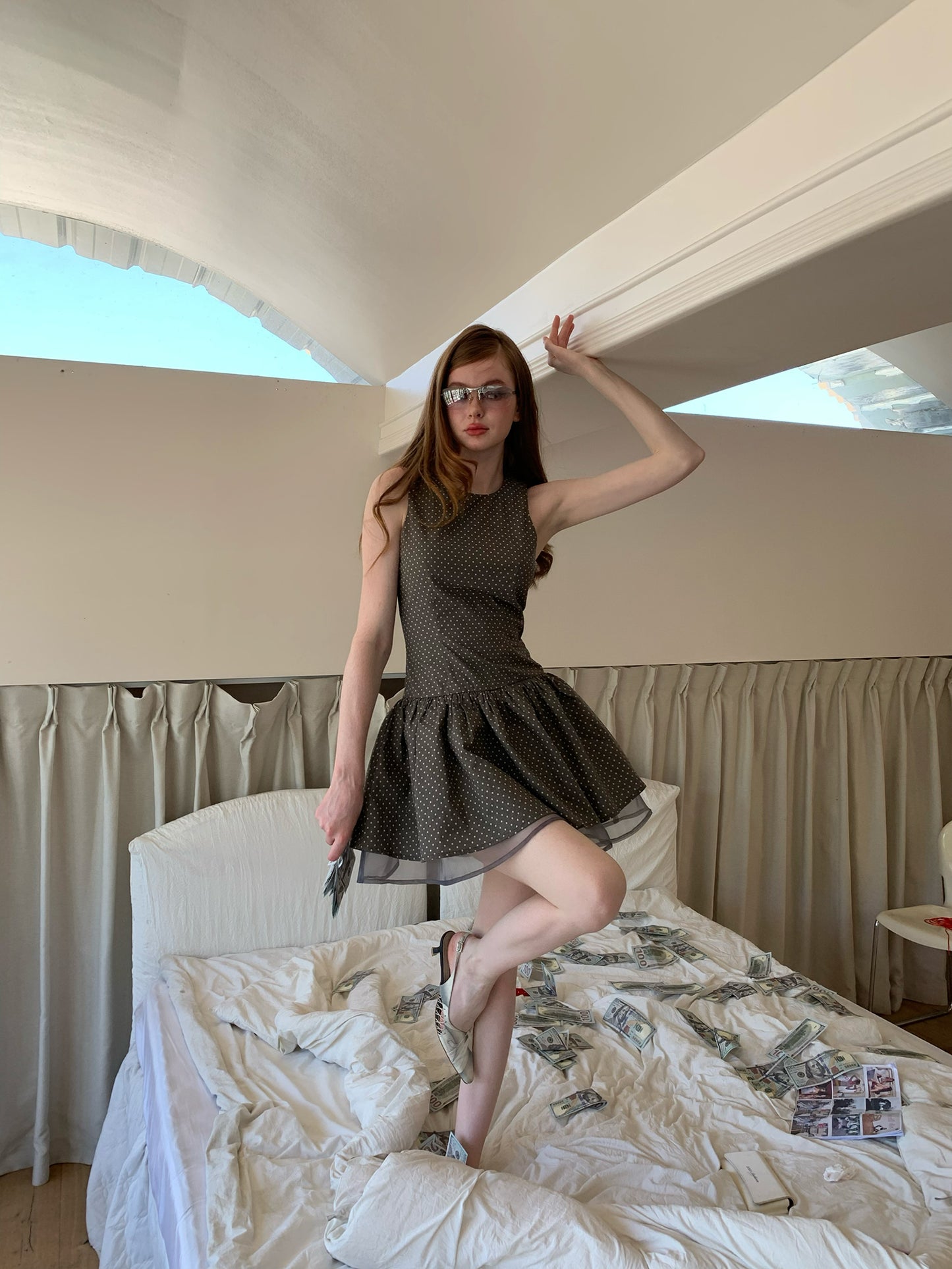 [A00835]Taupe Polka Dot Organza Dress
