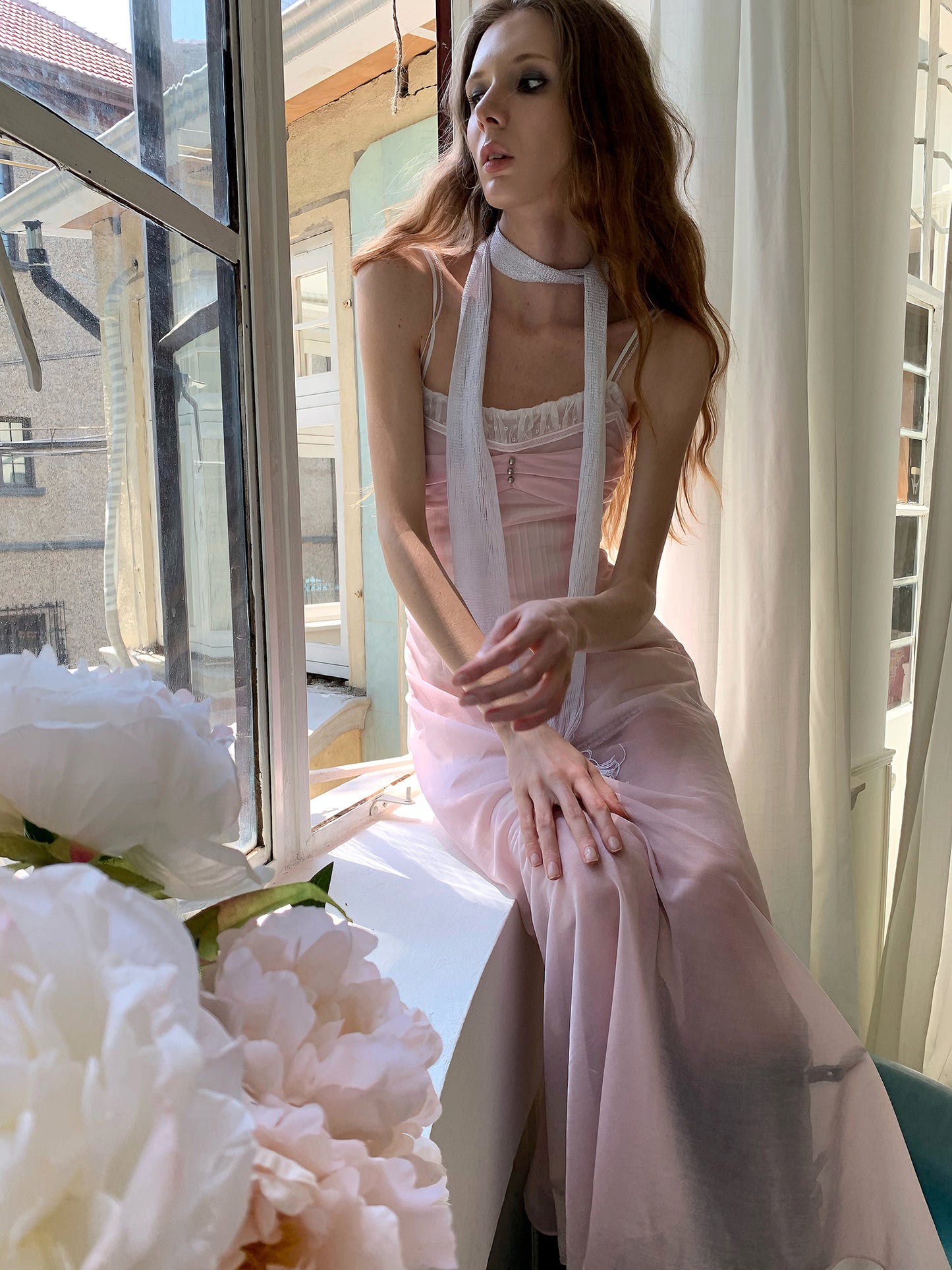 [A00865]Ethereal Vacation Fairy Sheer Blush Pink Maxi Dress