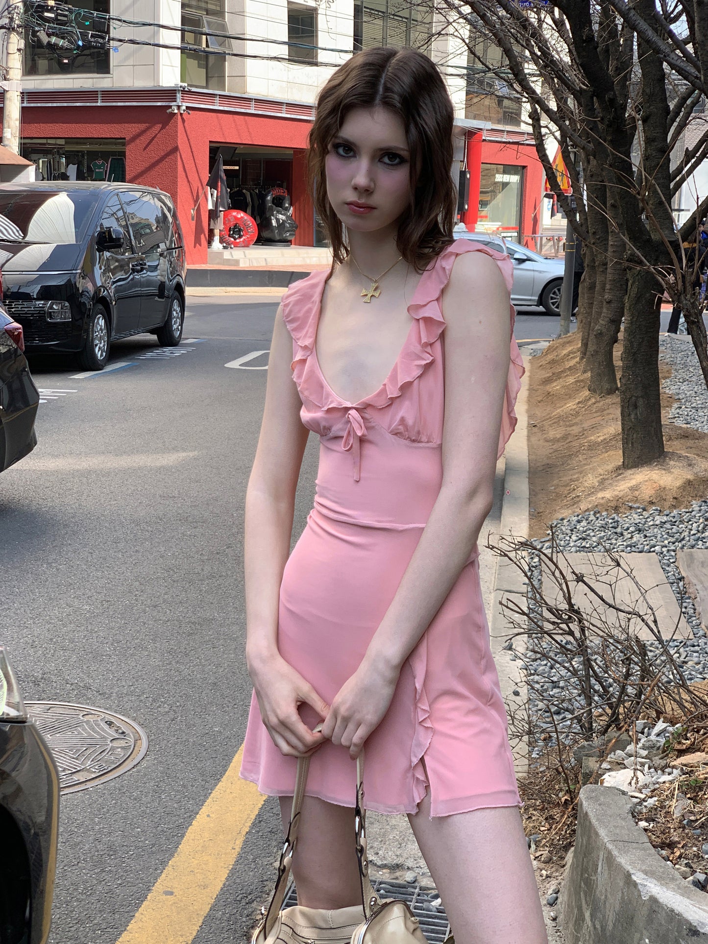 [A00809]Soft Mist Pink Romantic French Dress