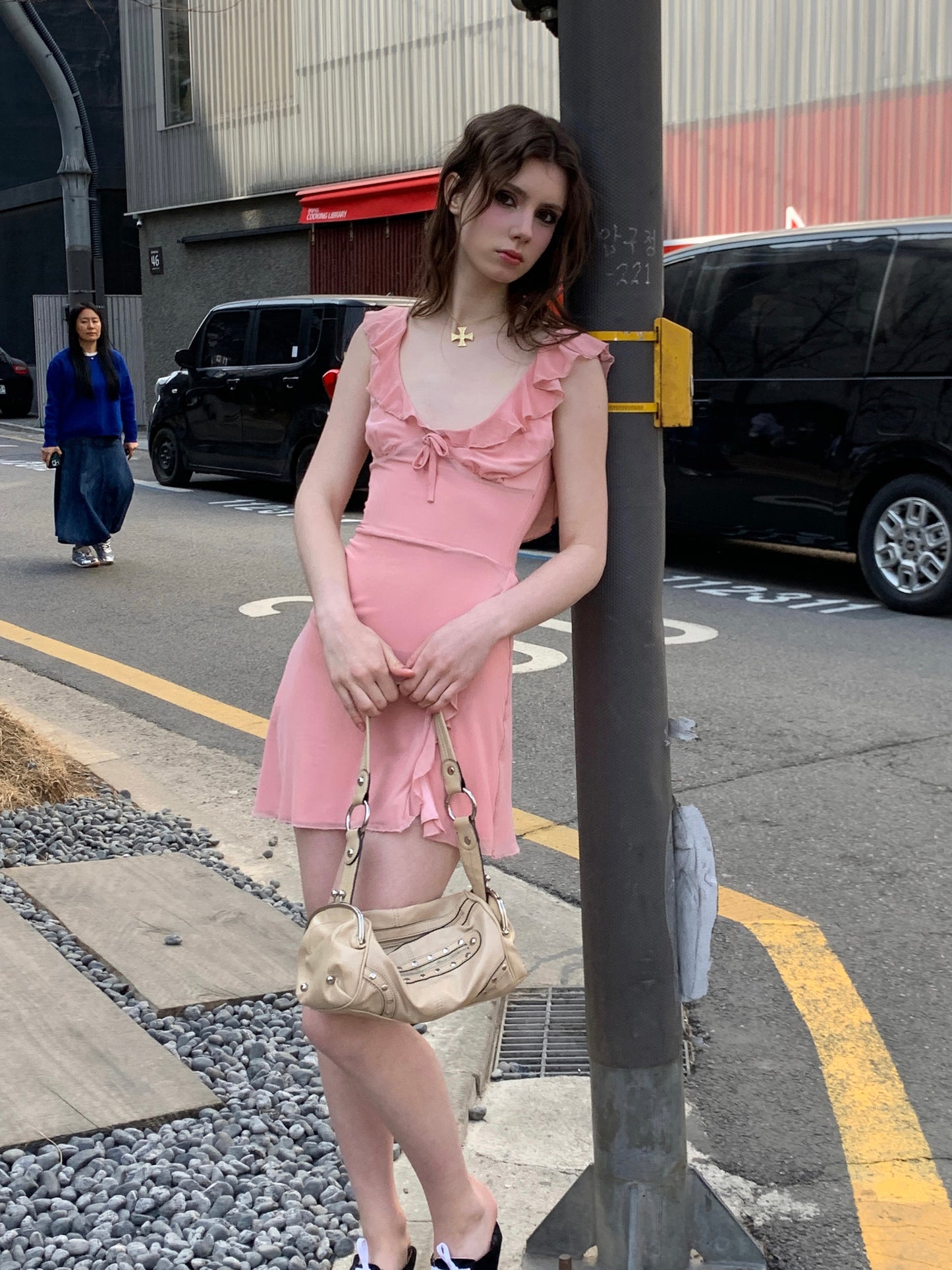 [A00809]Soft Mist Pink Romantic French Dress