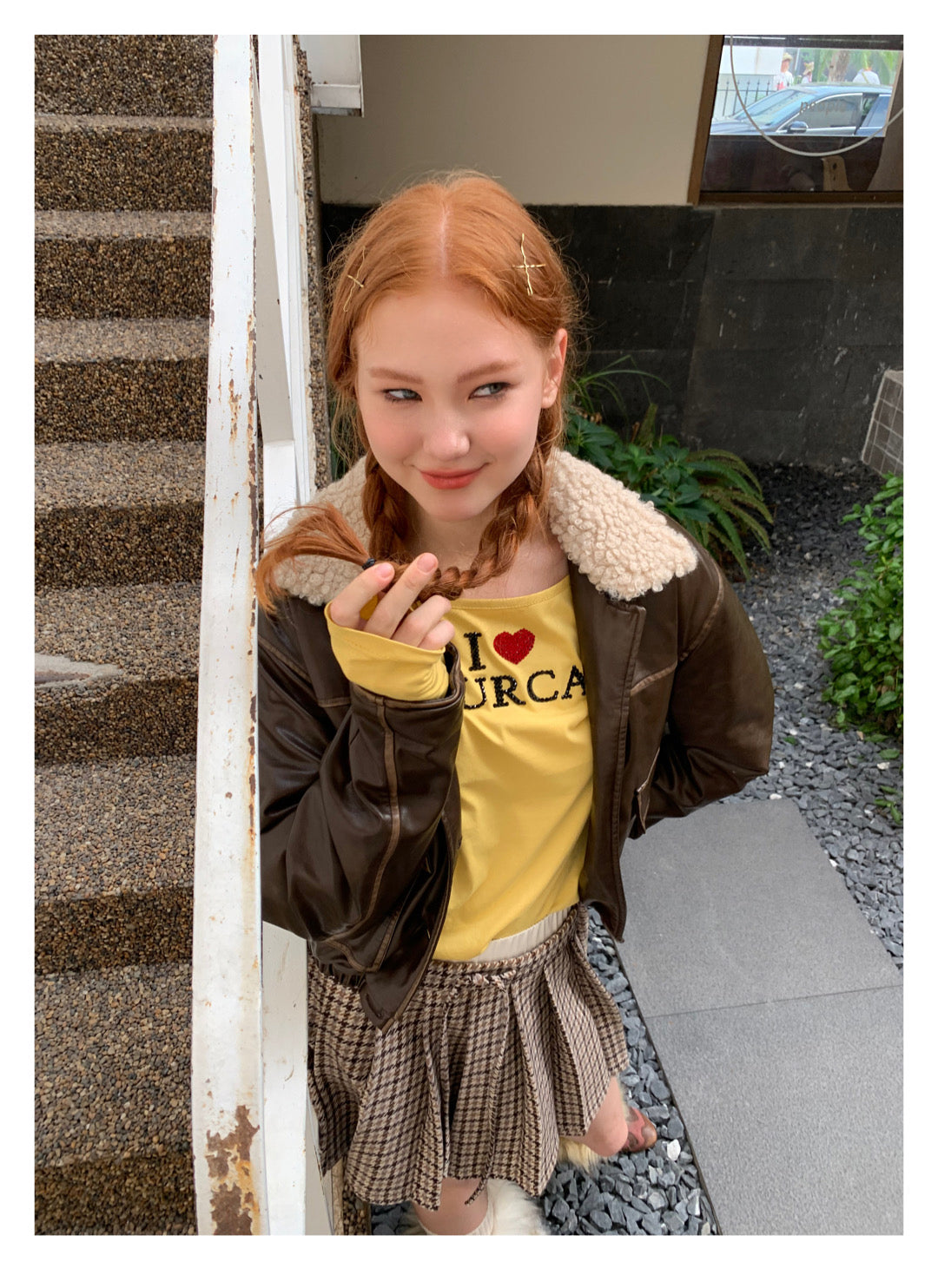 [F009]Vintage fur collar little leather jacket