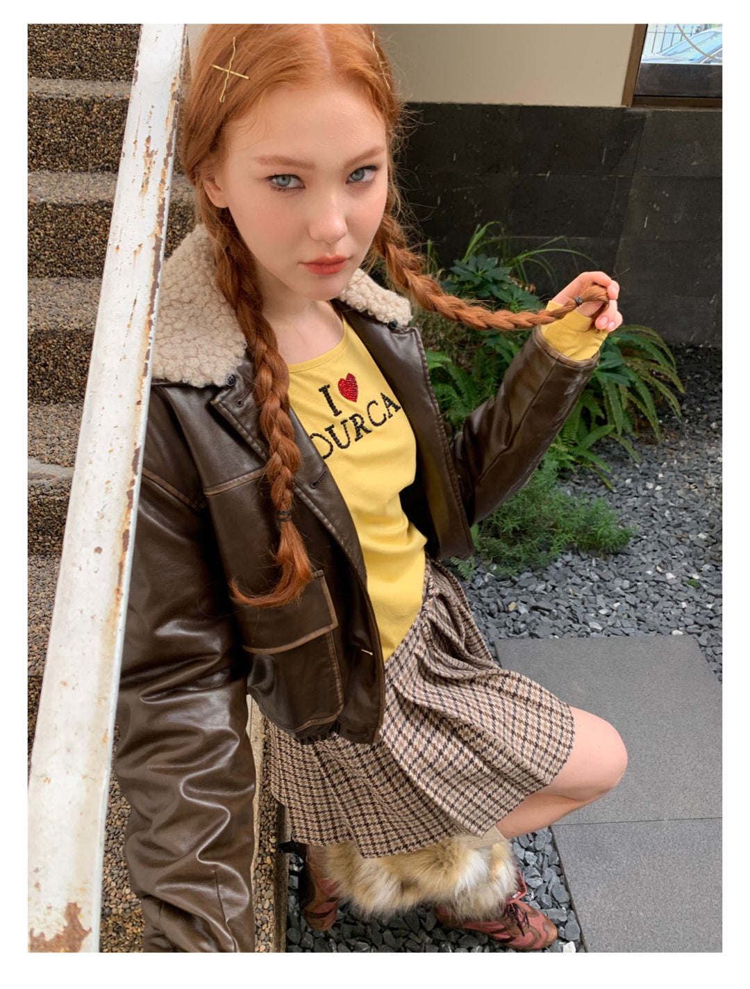 [F009]Vintage fur collar little leather jacket