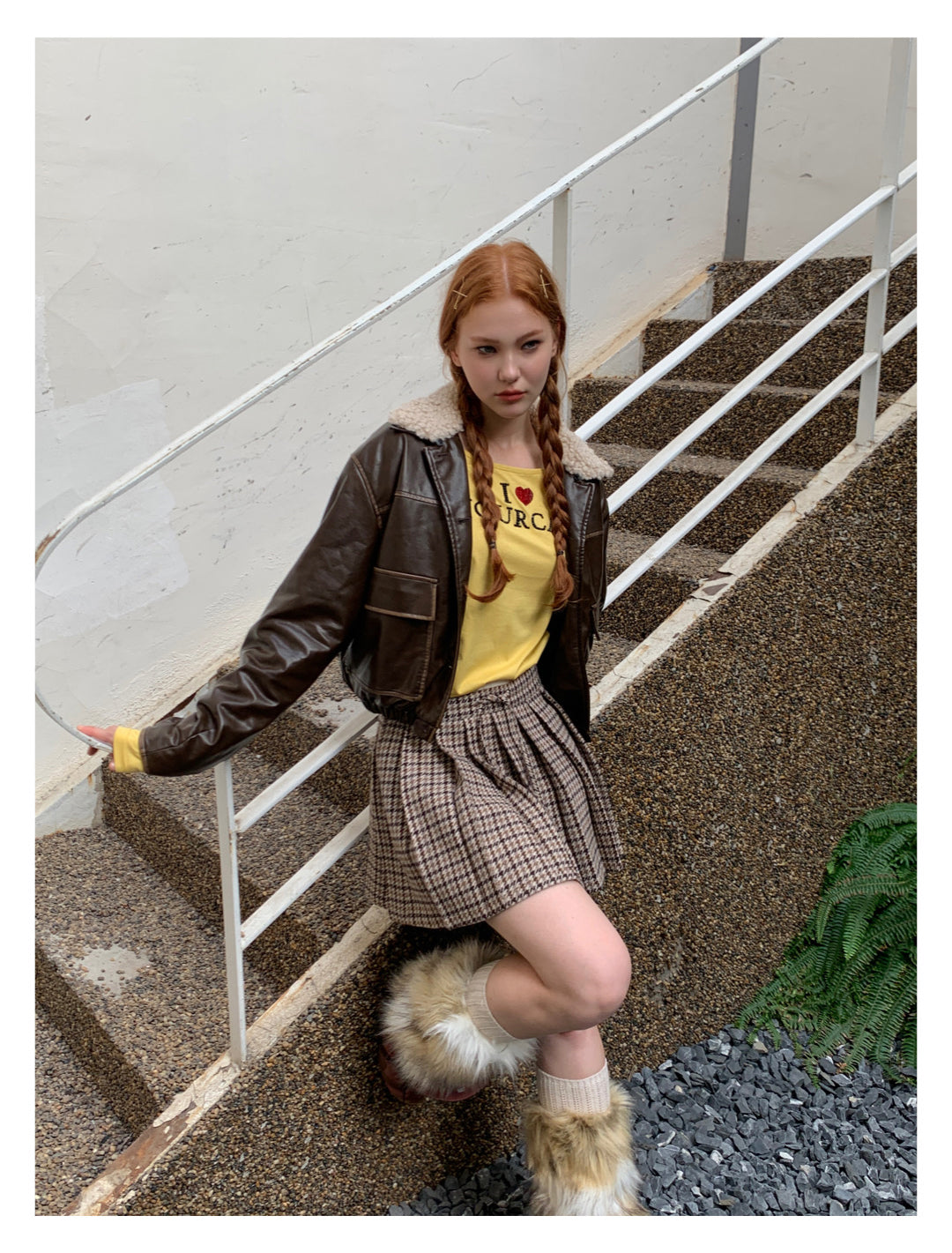 [F009]Vintage fur collar little leather jacket