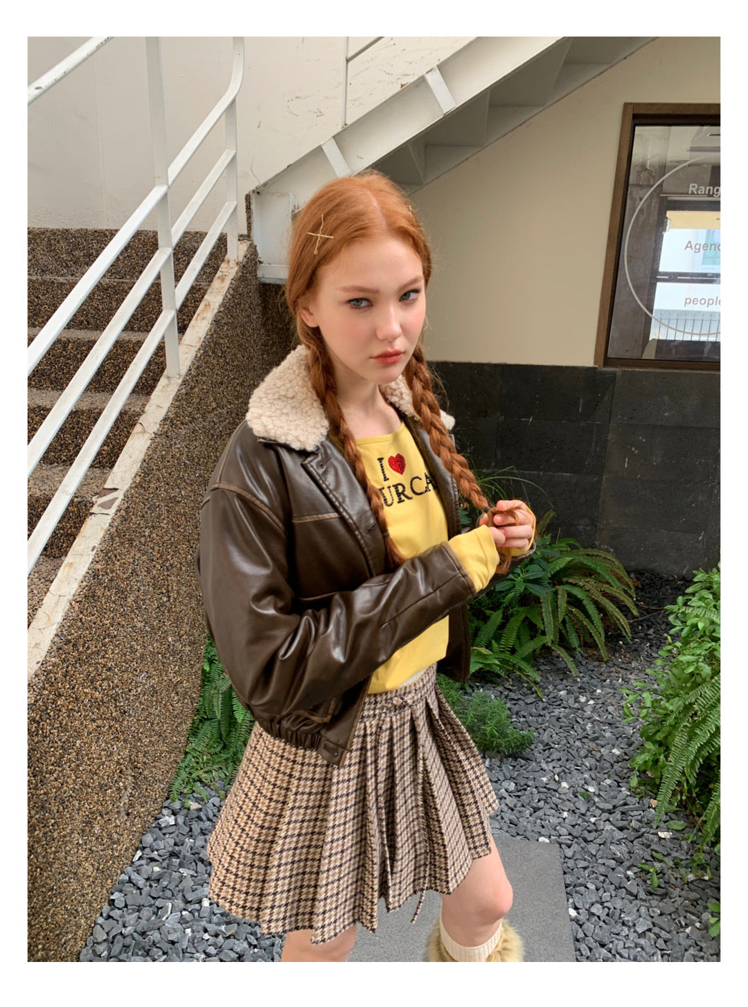 [F009]Vintage fur collar little leather jacket