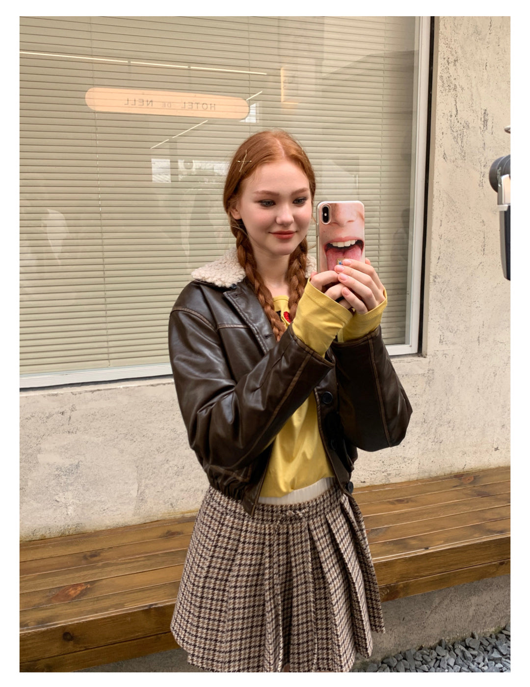 [F009]Vintage fur collar little leather jacket