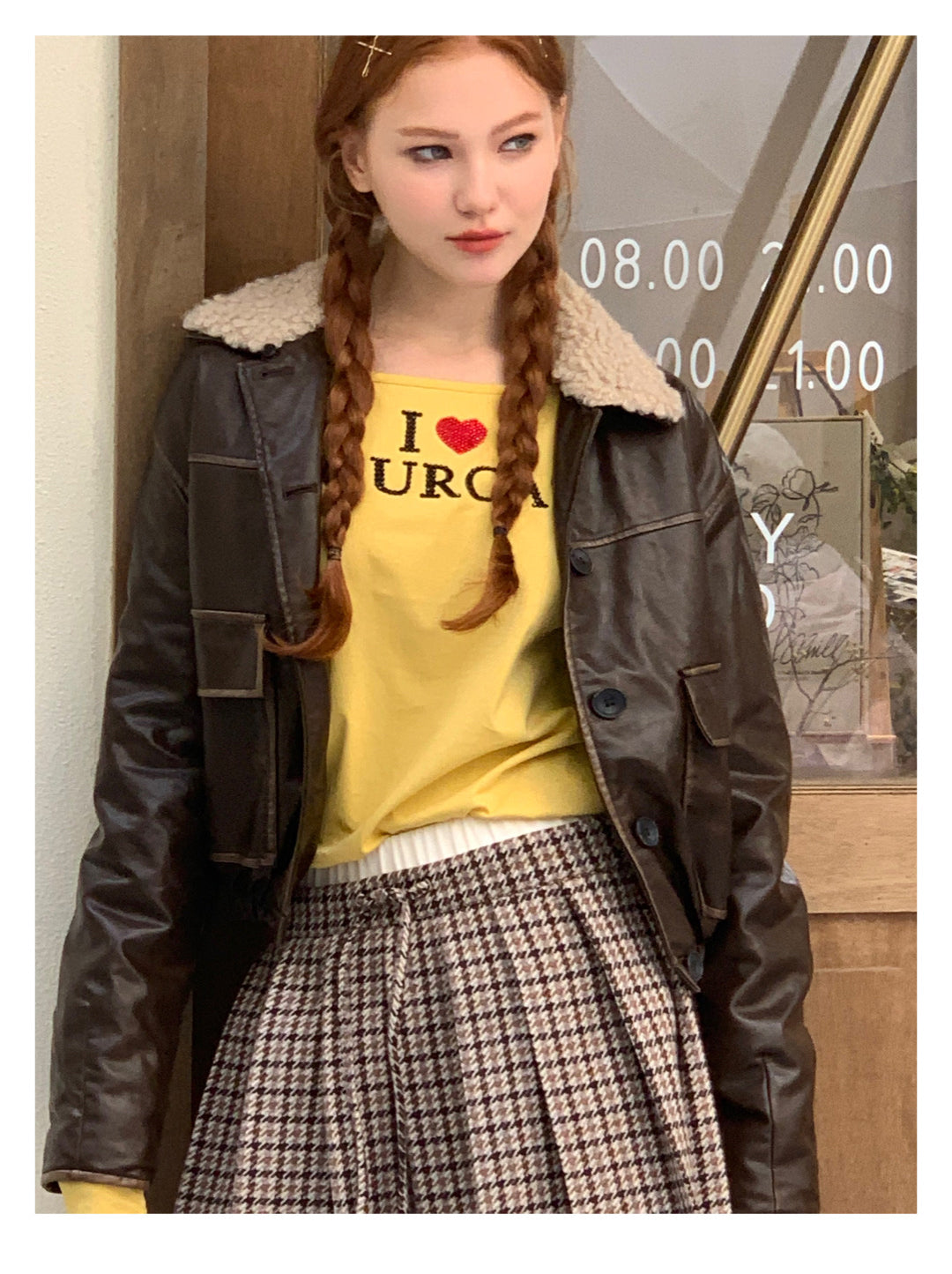[F009]Vintage fur collar little leather jacket