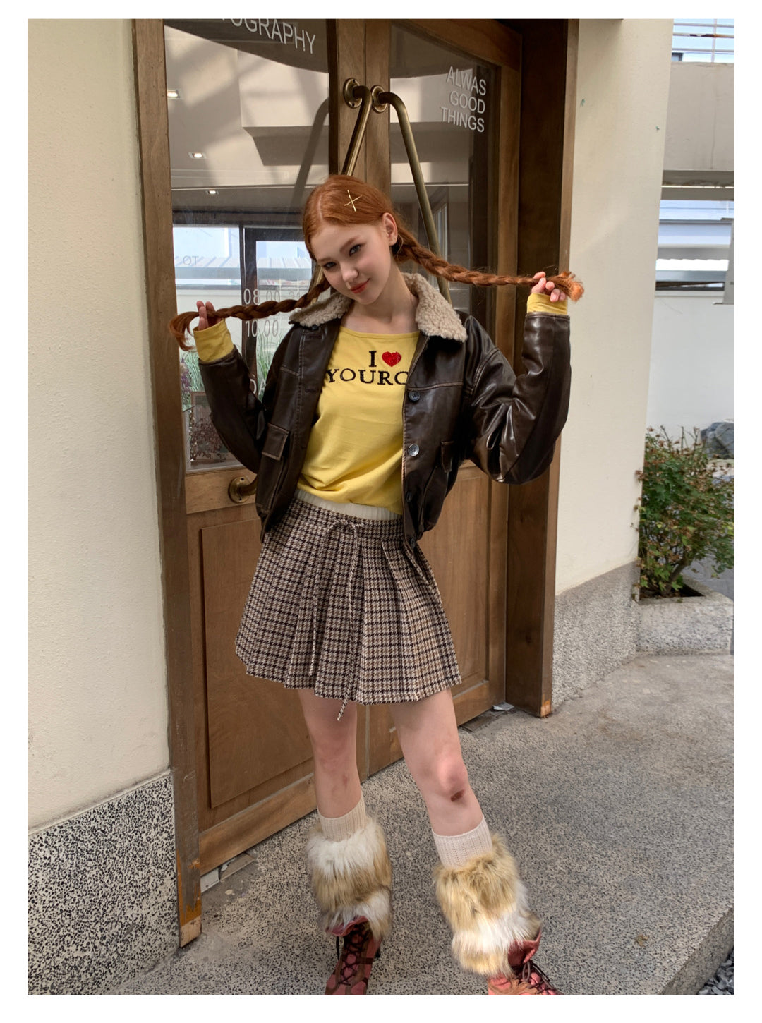 [F009]Vintage fur collar little leather jacket