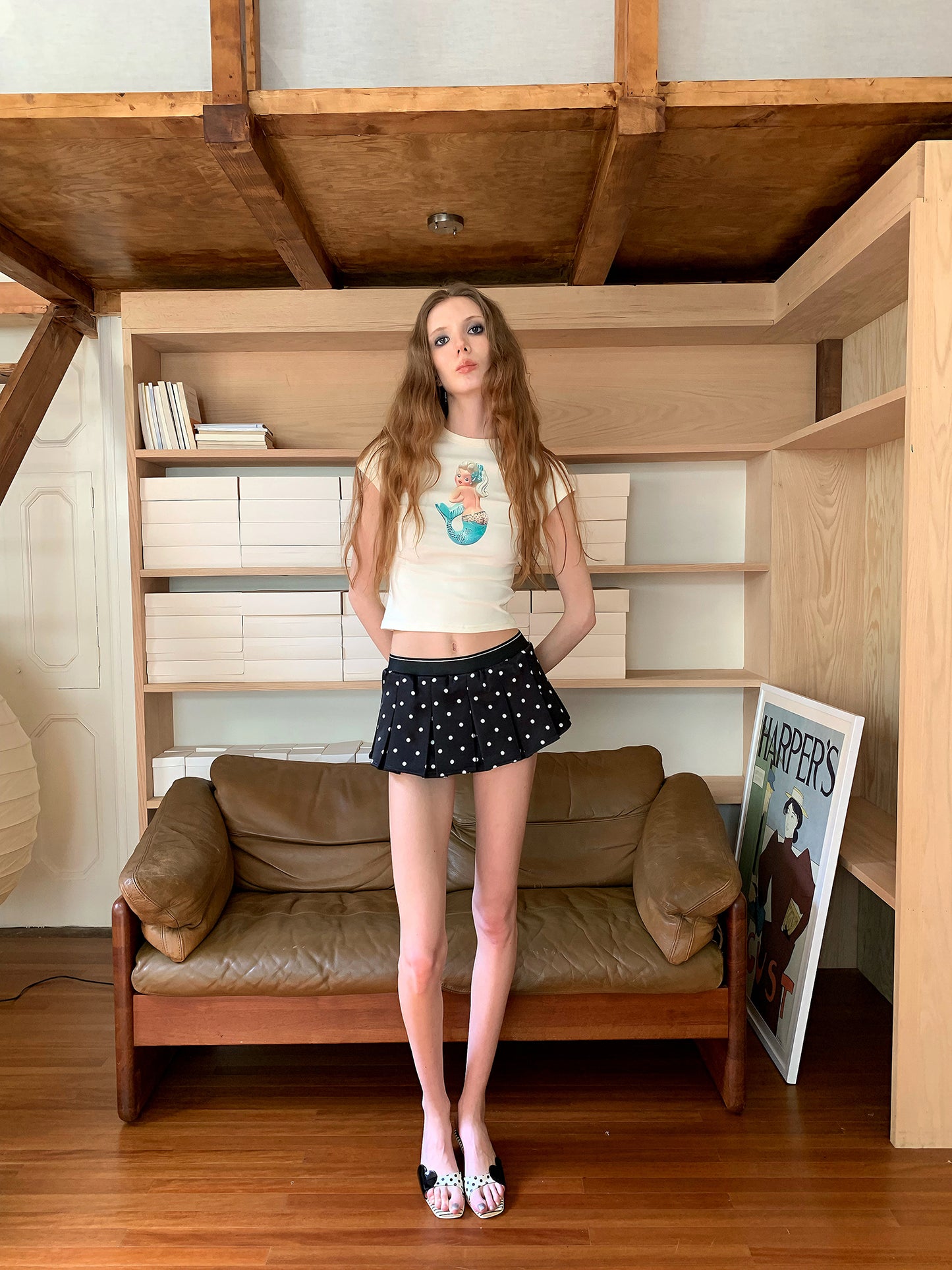 [A00870]Black & White Polka Dot Mini Skirt