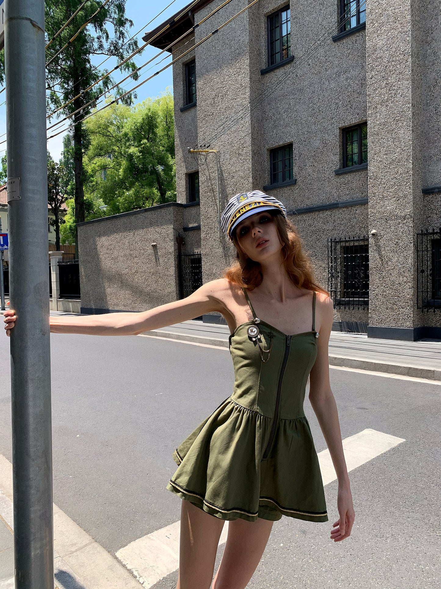 [A00862]Mini Nautical Green Dress
