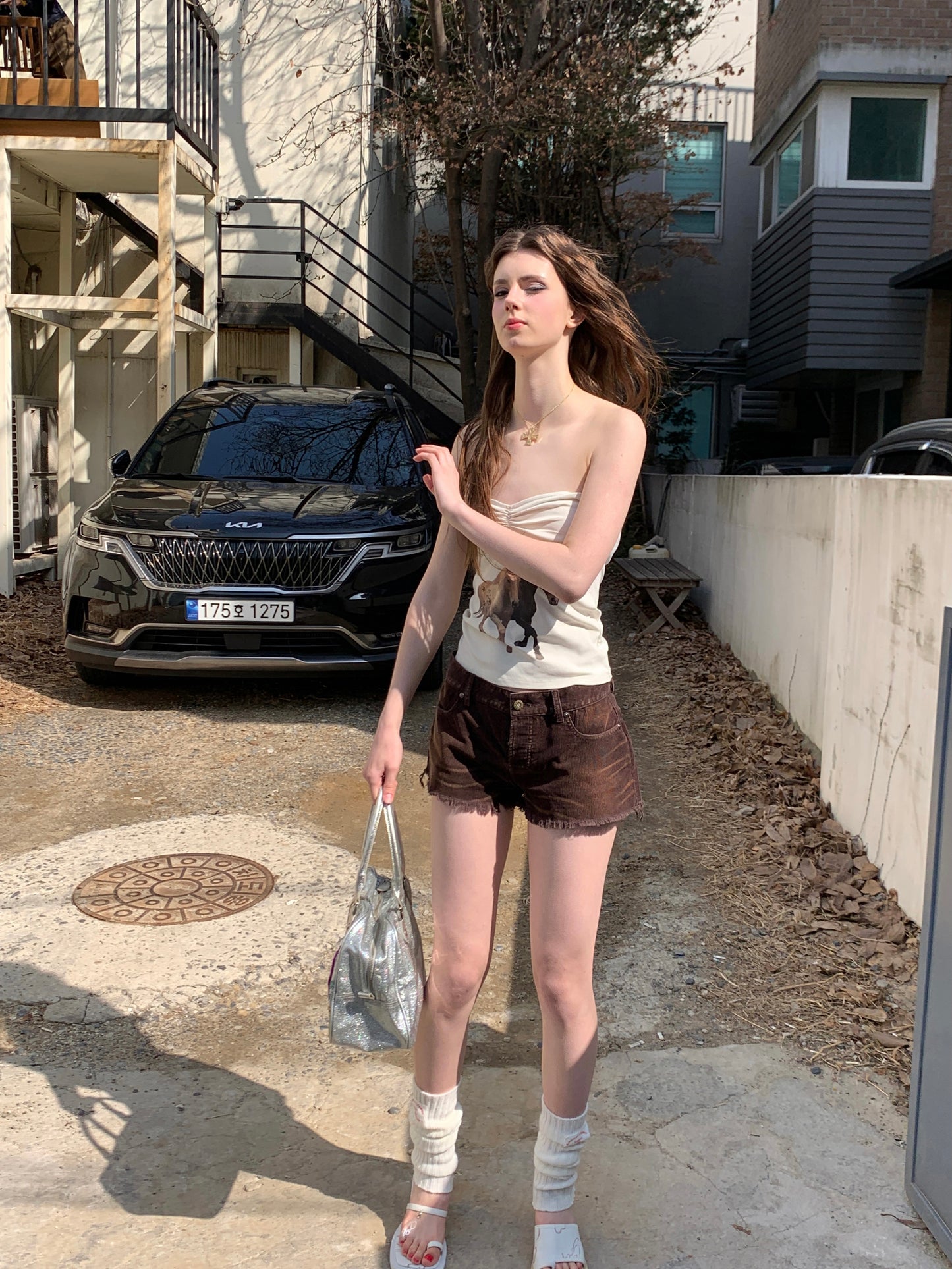 [A00806]Vintage Distressed High-Waist Playful Shorts