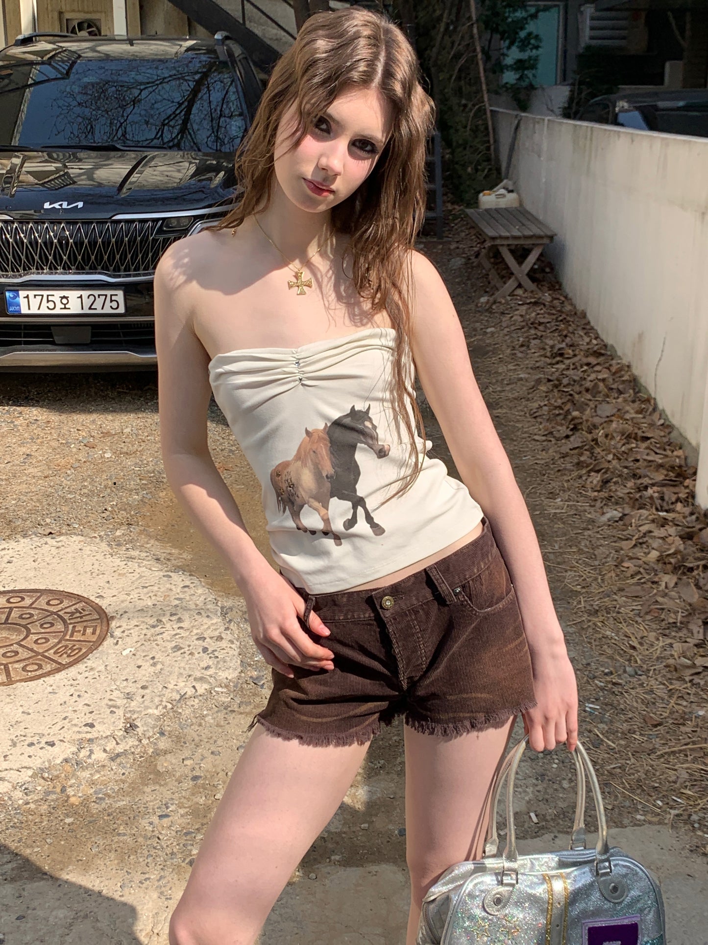 [A00806]Vintage Distressed High-Waist Playful Shorts