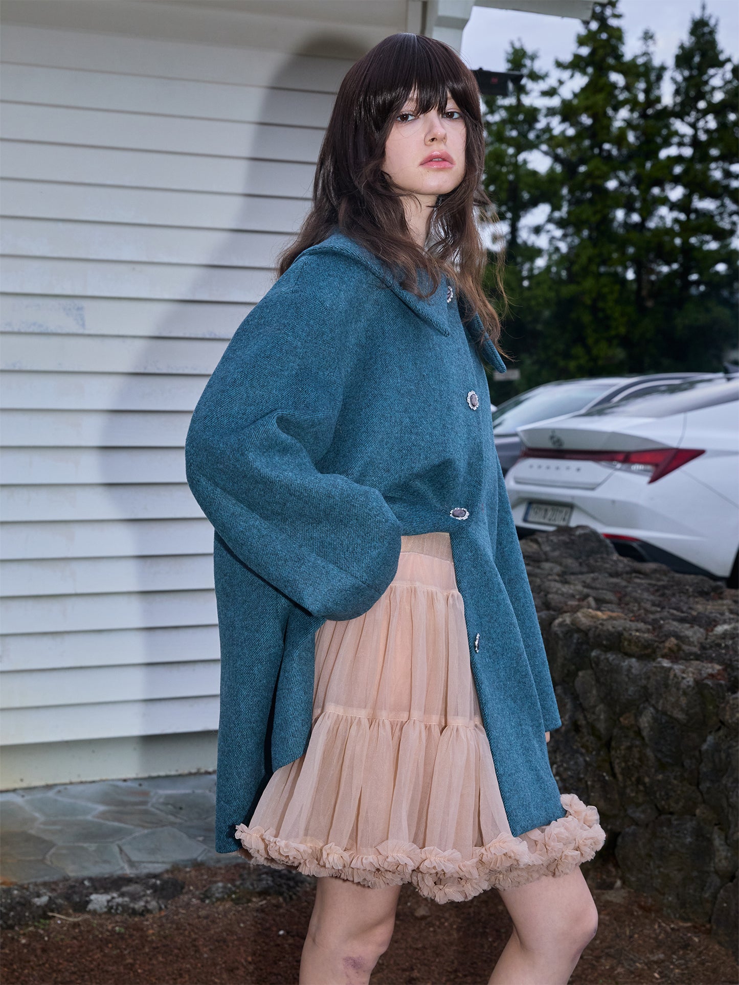 [S0023]Mesh Salmon Pink Puffy Multi-layered Skirt