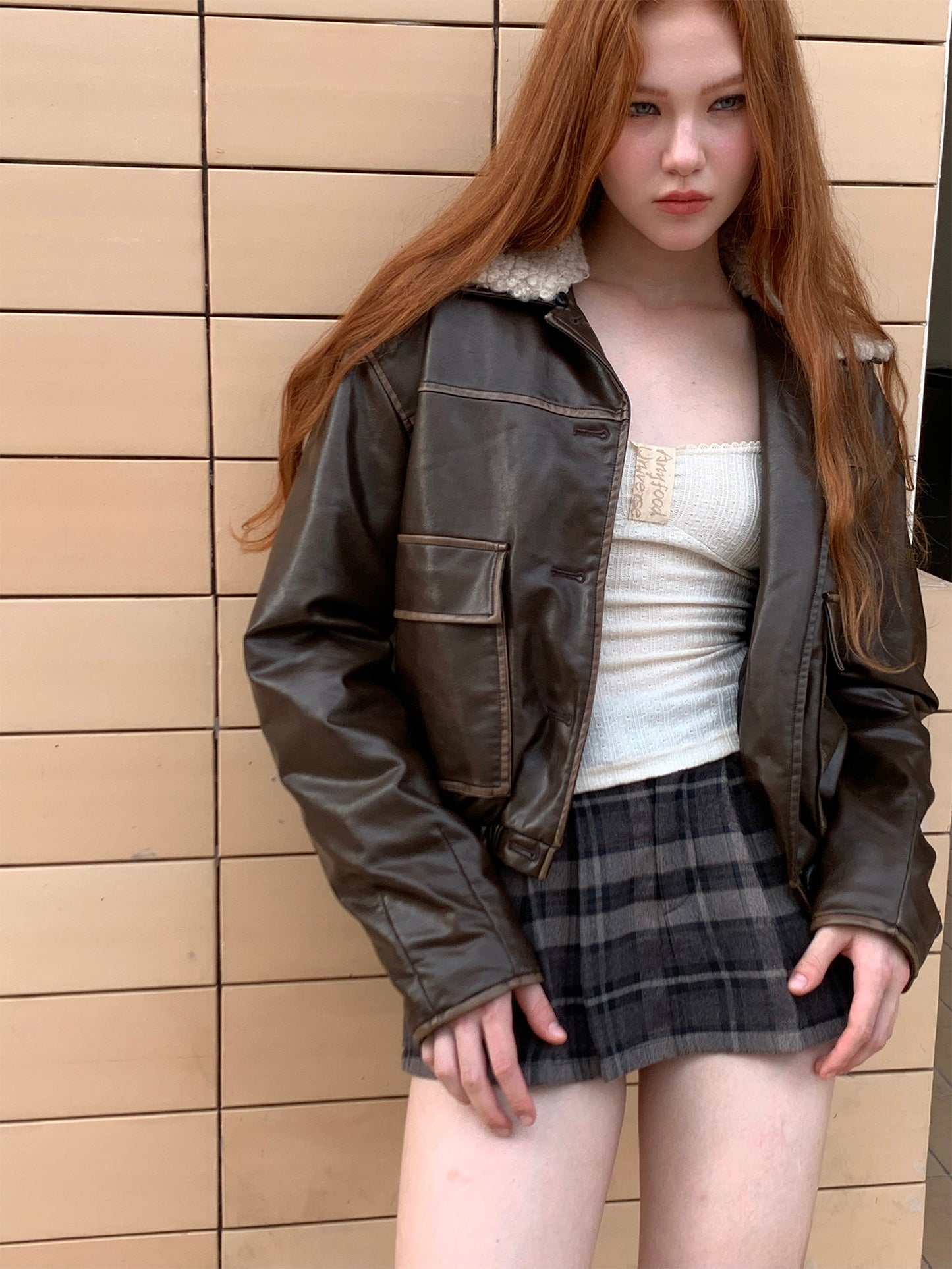 [F0014]Vintage wool plaid mini skirt