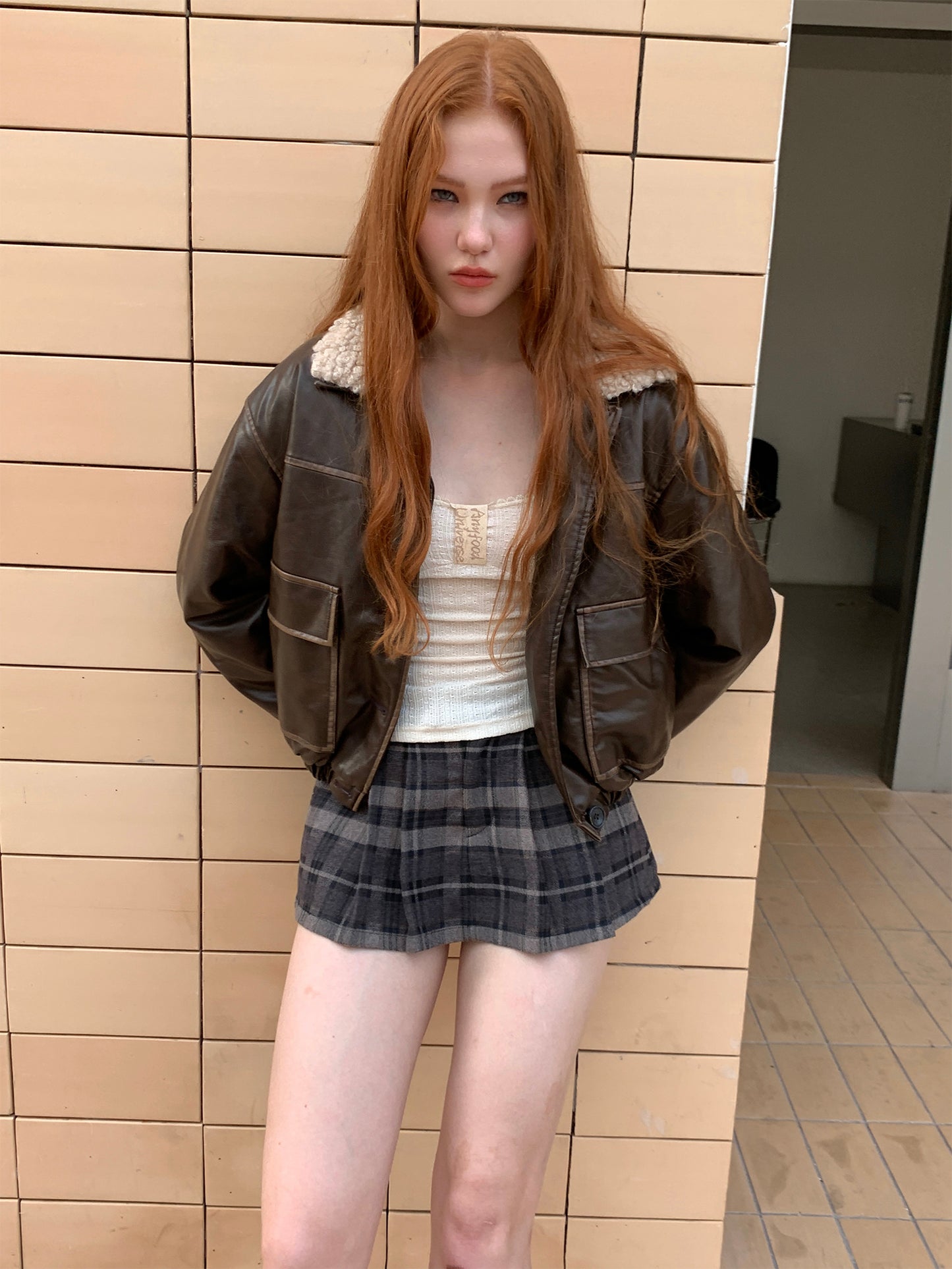 [F0014]Vintage wool plaid mini skirt