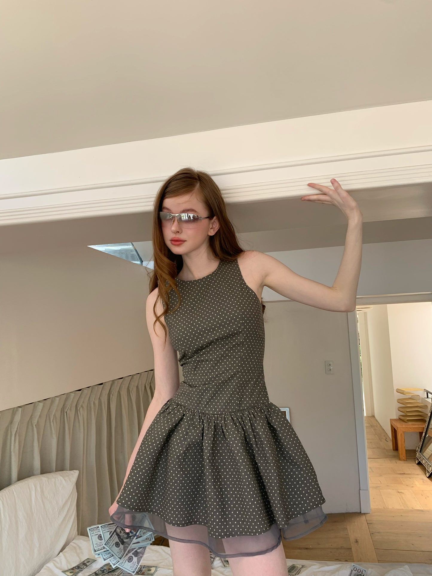 [A00835]Taupe Polka Dot Organza Dress