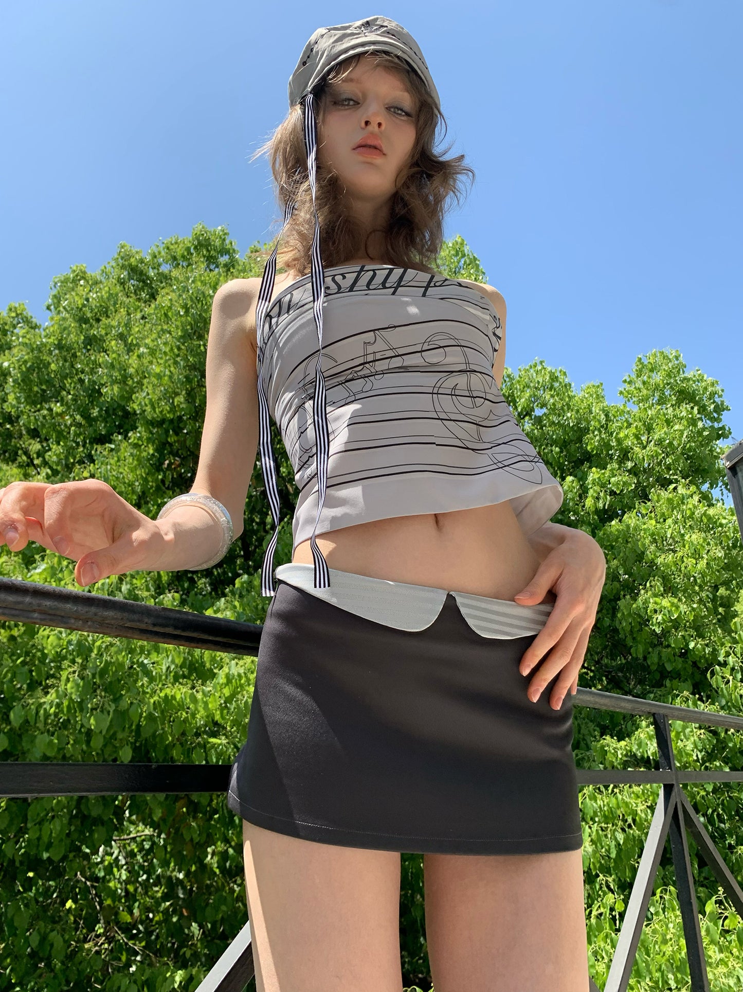 [A00832]Modern Black Satin Mini Skirt with Peter Pan Collar