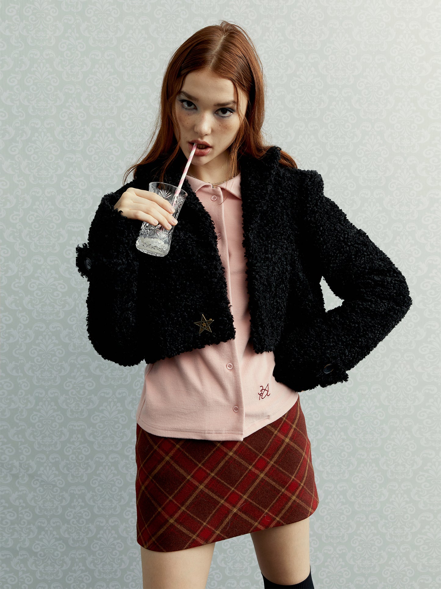 [C0042]Vintage red checked wool skirt